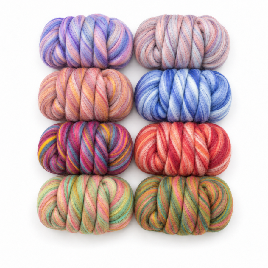 Revolution Fibers Bambino Variety Pack shown as eight individual prepared fiber bundles on white, displaying the complete range of included Bambino colorways.