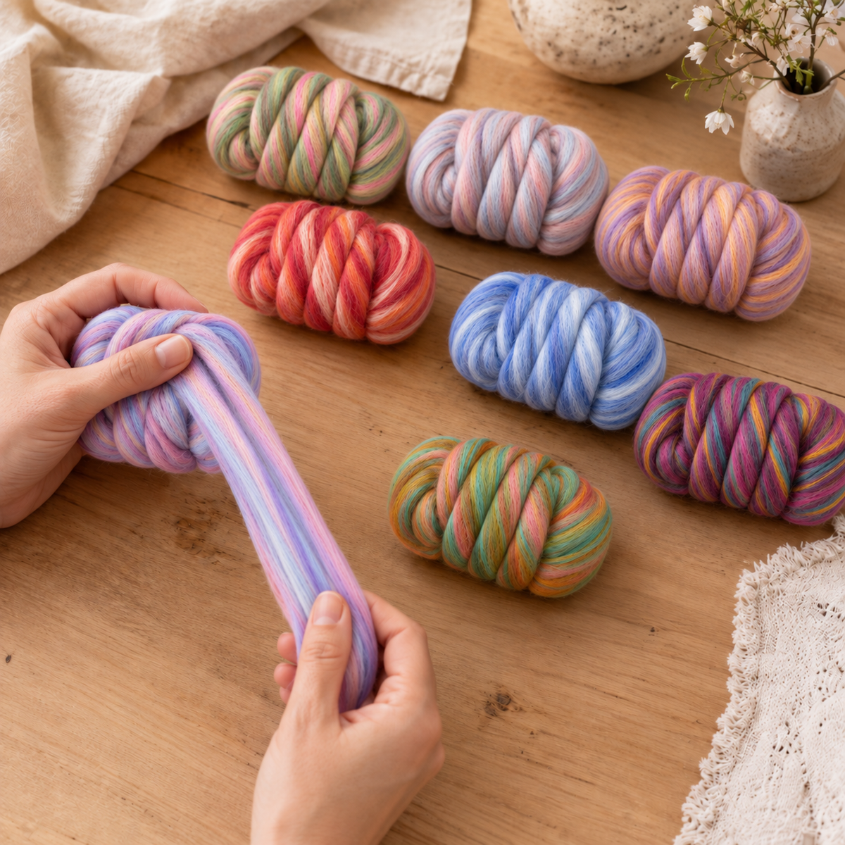 Hands gently pull apart a pastel Bambino fiber sample while the colorful Revolution Fibers Bambino Variety Pack bundles rest across the worktable.