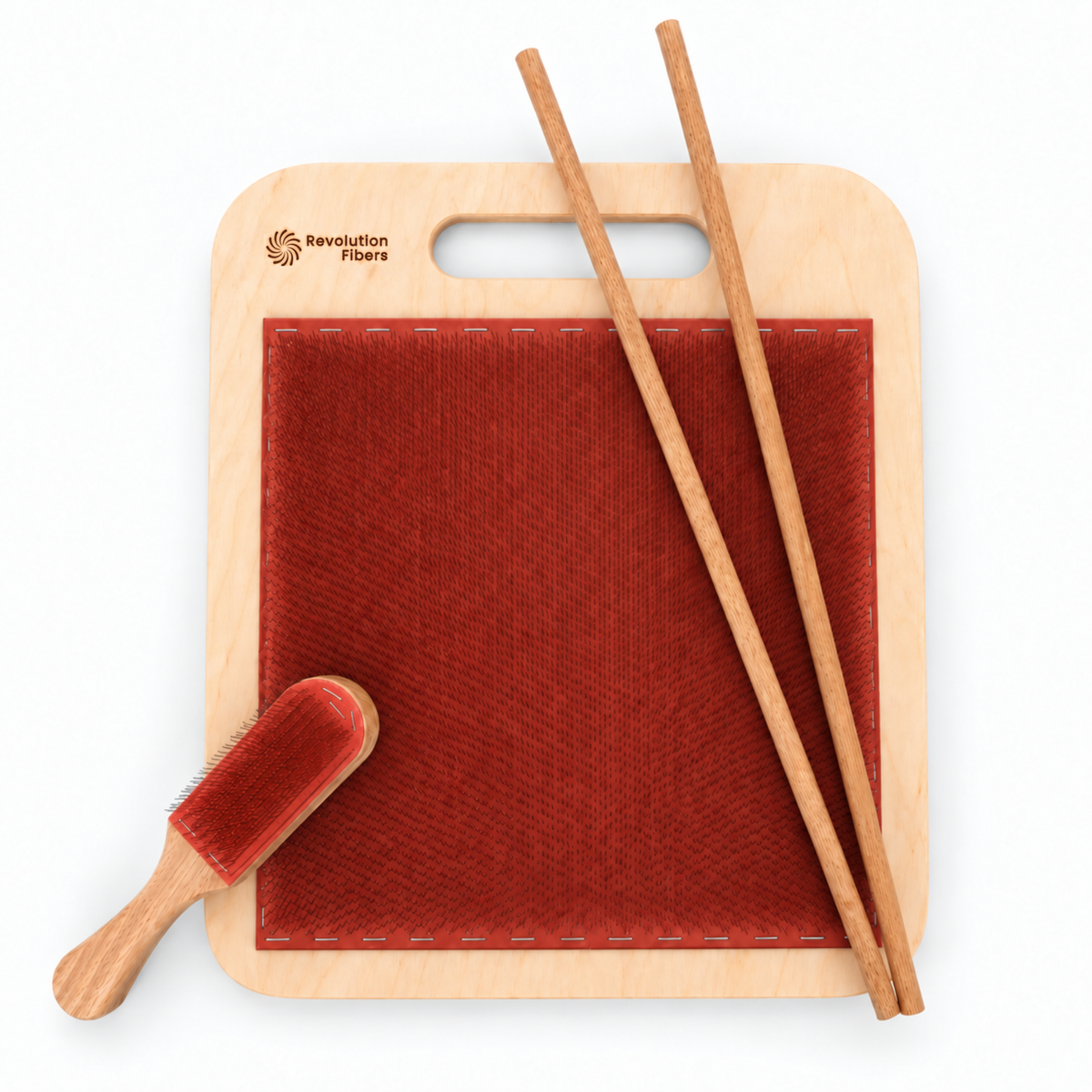 Revolution Fibers 108 TPI Blending Board with red carding cloth, blending brush, and two rolag rollers.