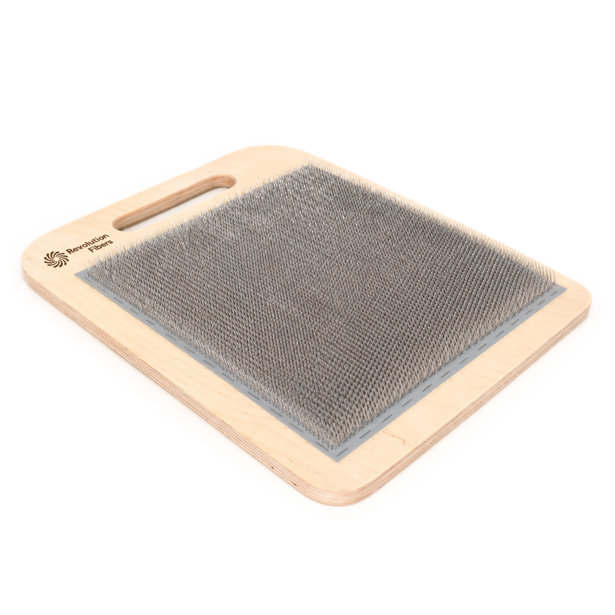 Angled view of the Revolution Fibers 72 TPI Blending Board with grey carding cloth and wooden frame.