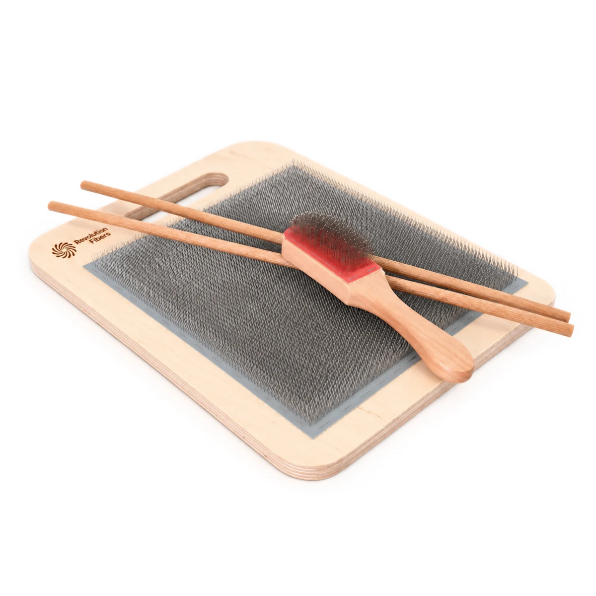 Revolution Fibers 72 TPI Blending Board with included blending brush and two wooden rolag rollers.