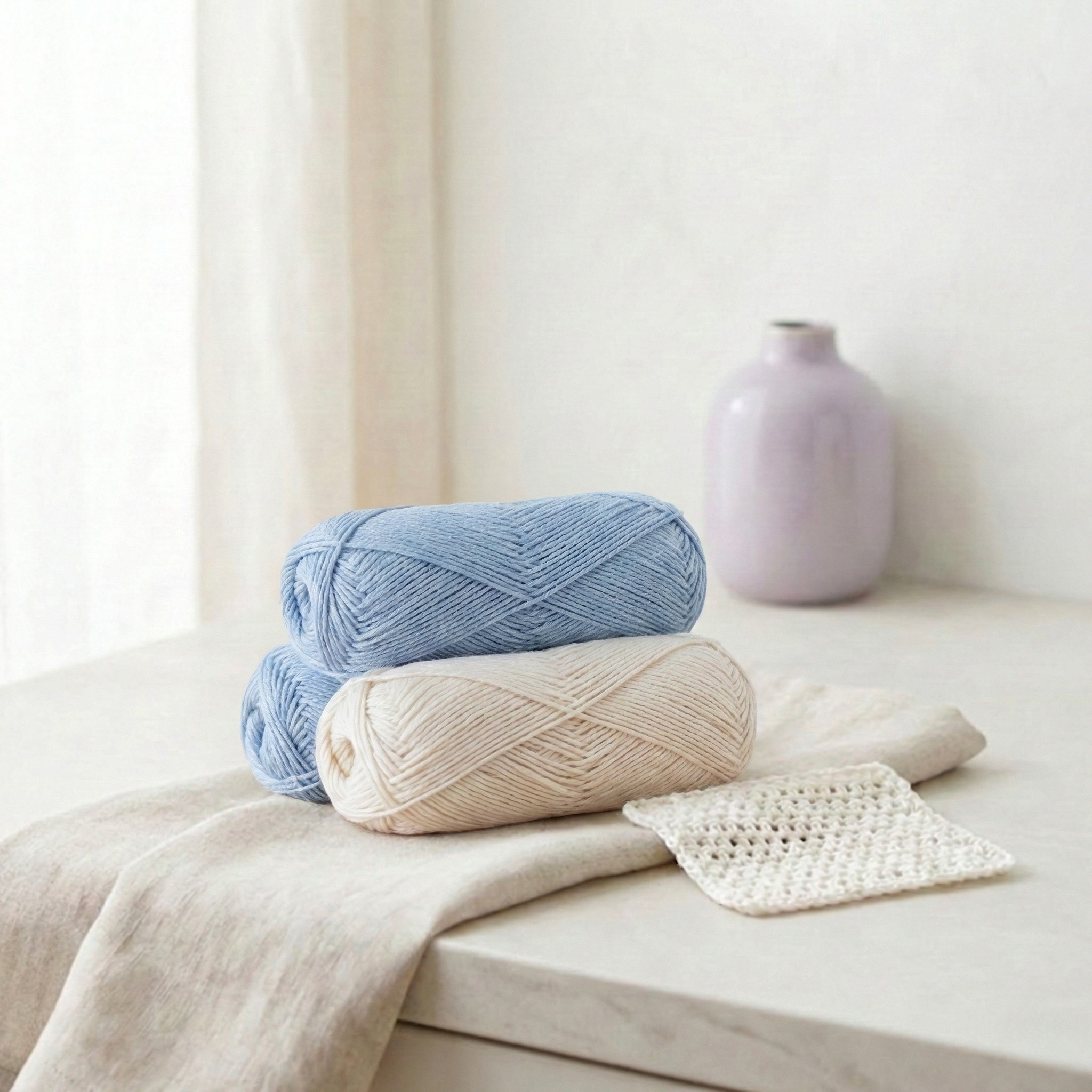 Brown Sheep Lamb’s Pride Worsted yarn in natural cream with knit swatch on a light stone table in bright window light.