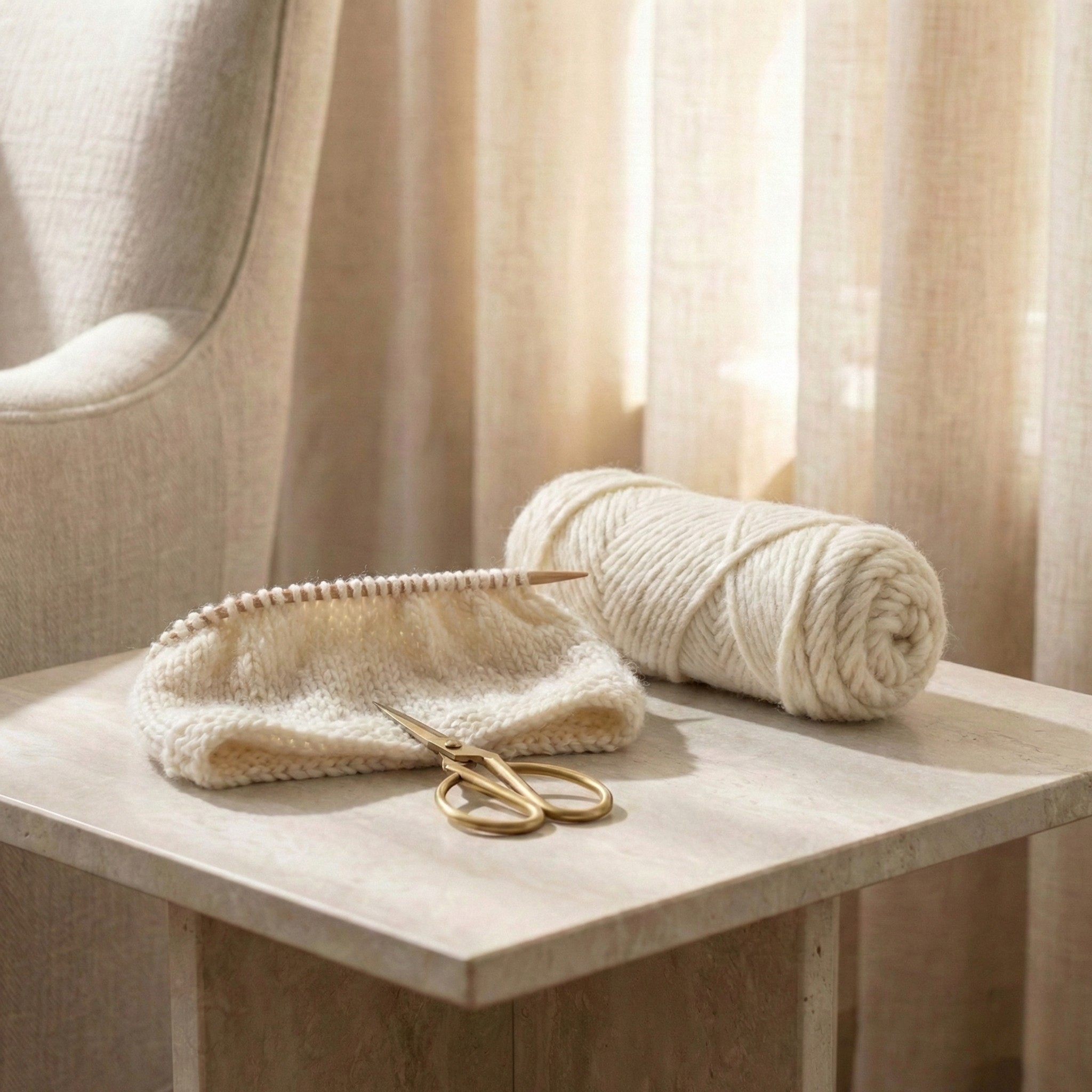 Brown Sheep Lamb’s Pride Worsted yarn in natural cream with knit swatch on a light stone table in bright window light.