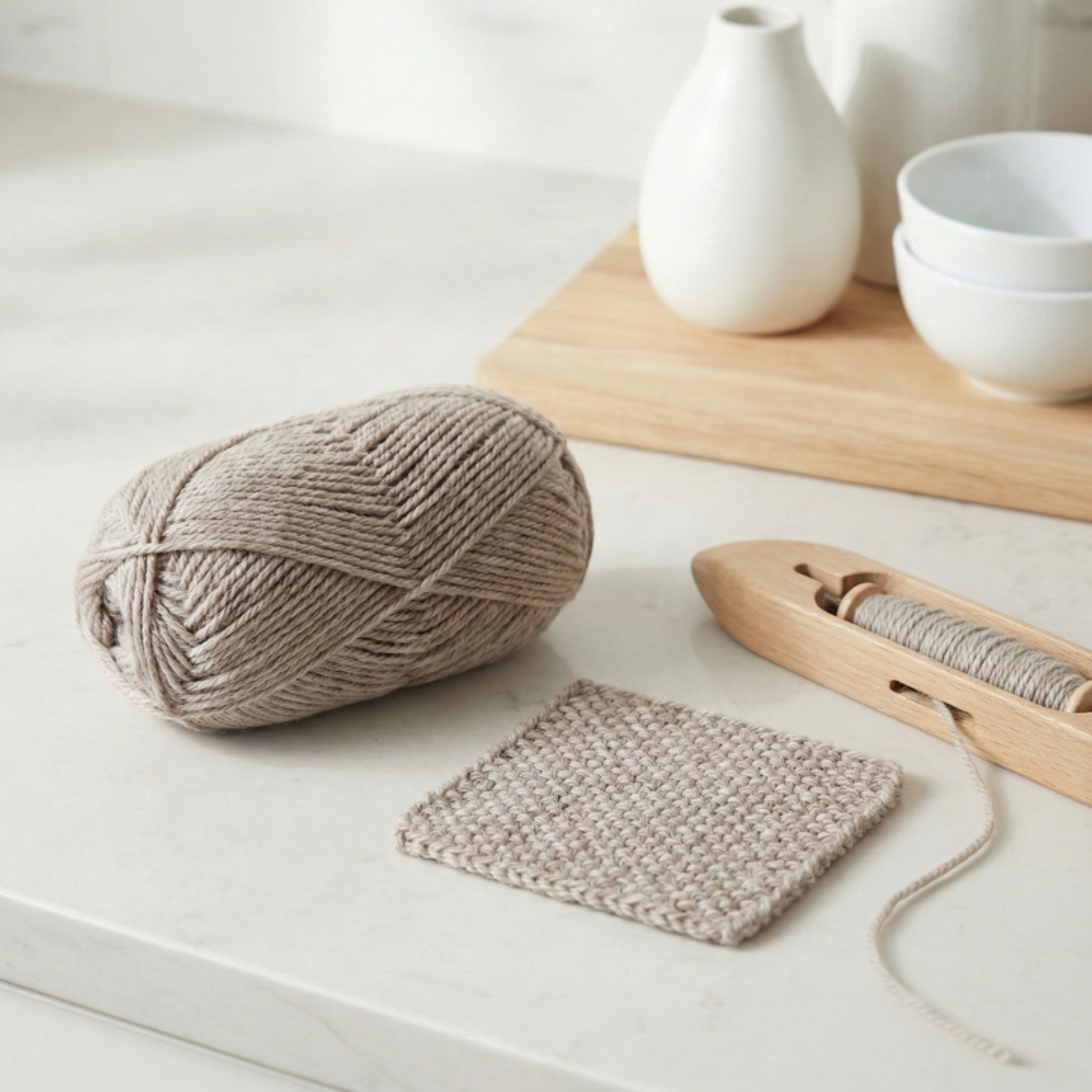 Brown Sheep Nature Spun Worsted yarn ball in taupe with a small fabric swatch on a neutral tabletop in clean studio light.
