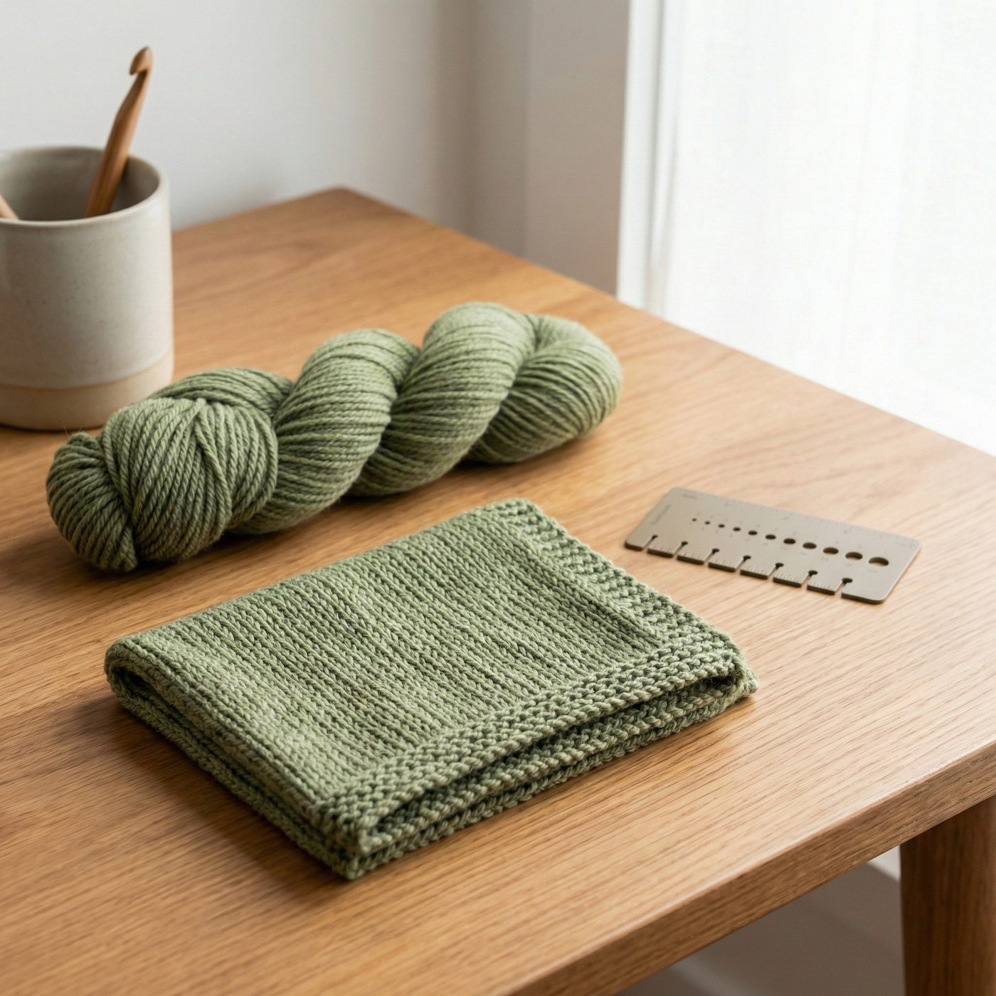 Brown Sheep Prairie Spun DK yarn skein in green with textured swatch and measuring gauge on a wooden table by a window.