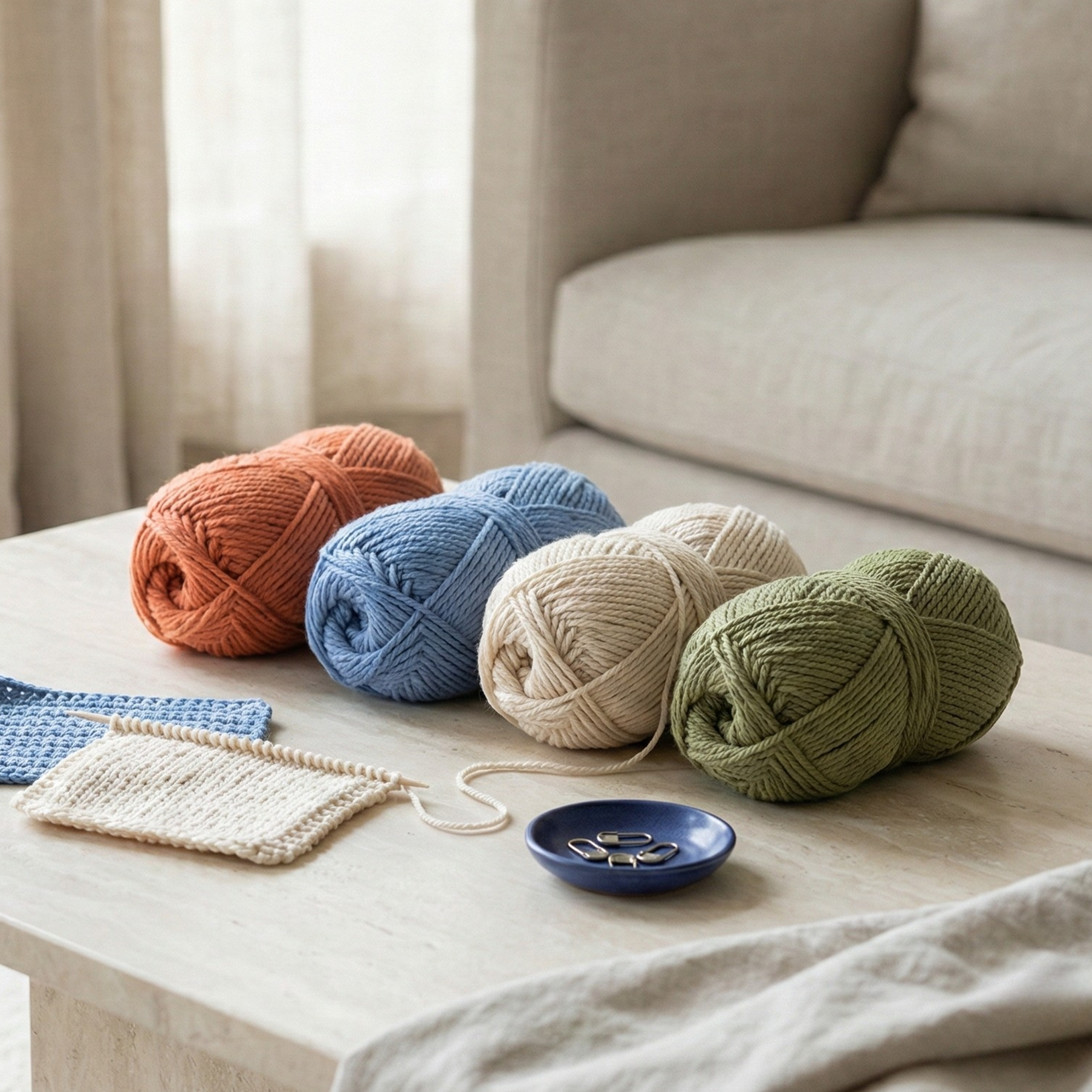 Brown Sheep Shepherds Shades yarn balls in rust, blue, natural, and green with swatches on a bright living-room coffee table.