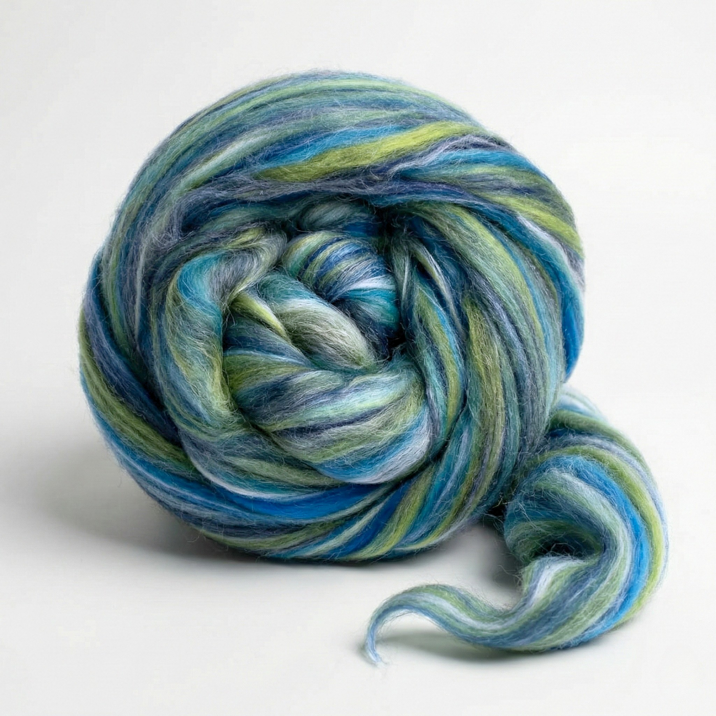 Aquarius Green Constellation Range roving, 8 oz 70% dyed merino and 30% tussah silk (21 micron), studio swirl on white background.