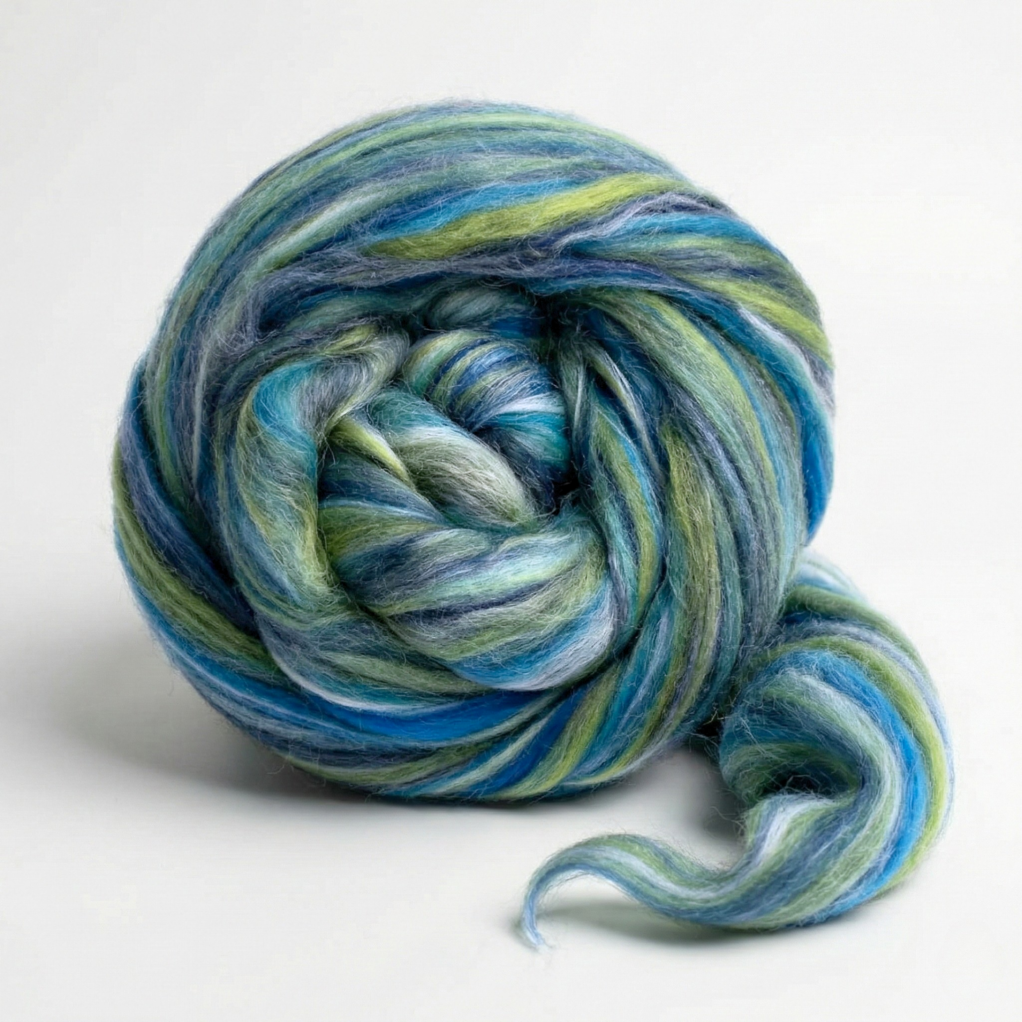 Aquarius Green Constellation Range roving, 8 oz 70% dyed merino and 30% tussah silk (21 micron), studio swirl on white background.