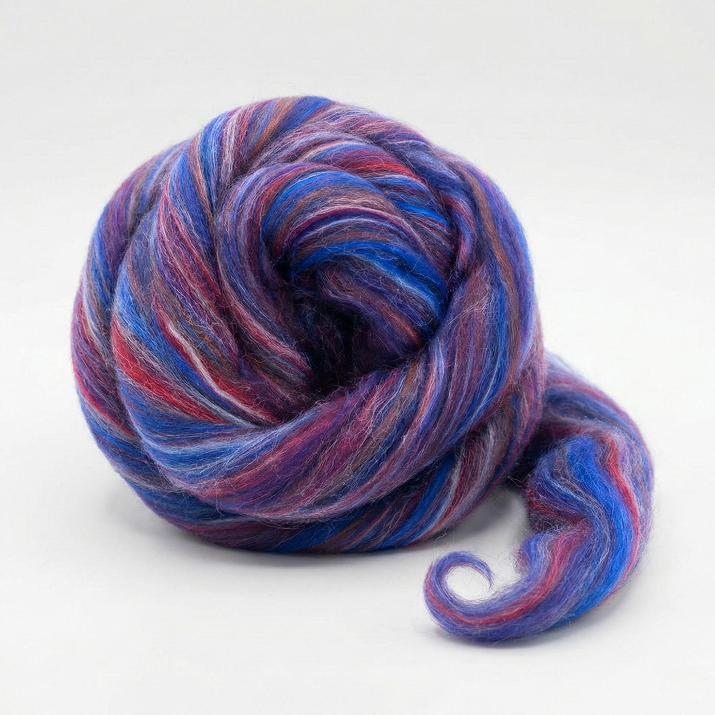 Gemini Purple Constellation Range roving, 8 oz 70% dyed merino and 30% tussah silk (21 micron), studio swirl on white background.