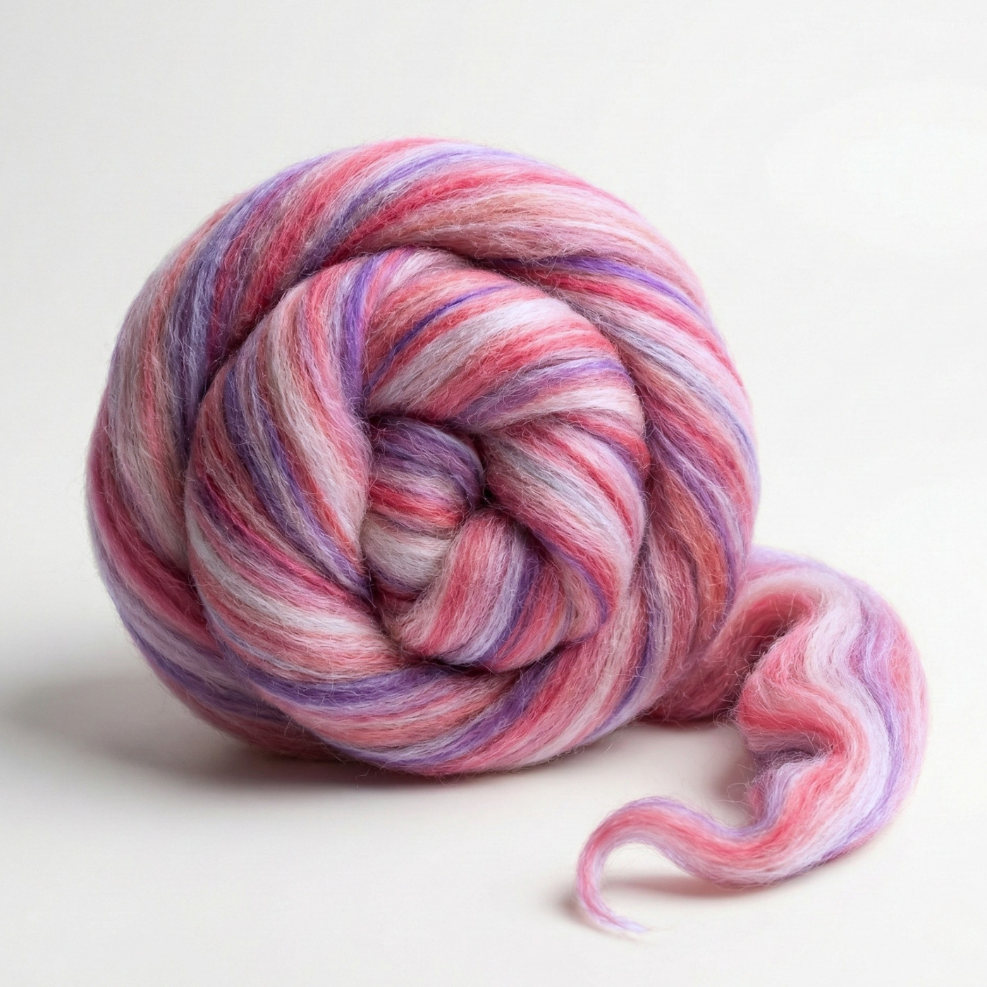 Hydra Pink Constellation Range roving, 8 oz 70% dyed merino and 30% tussah silk (21 micron), studio swirl on white background.
