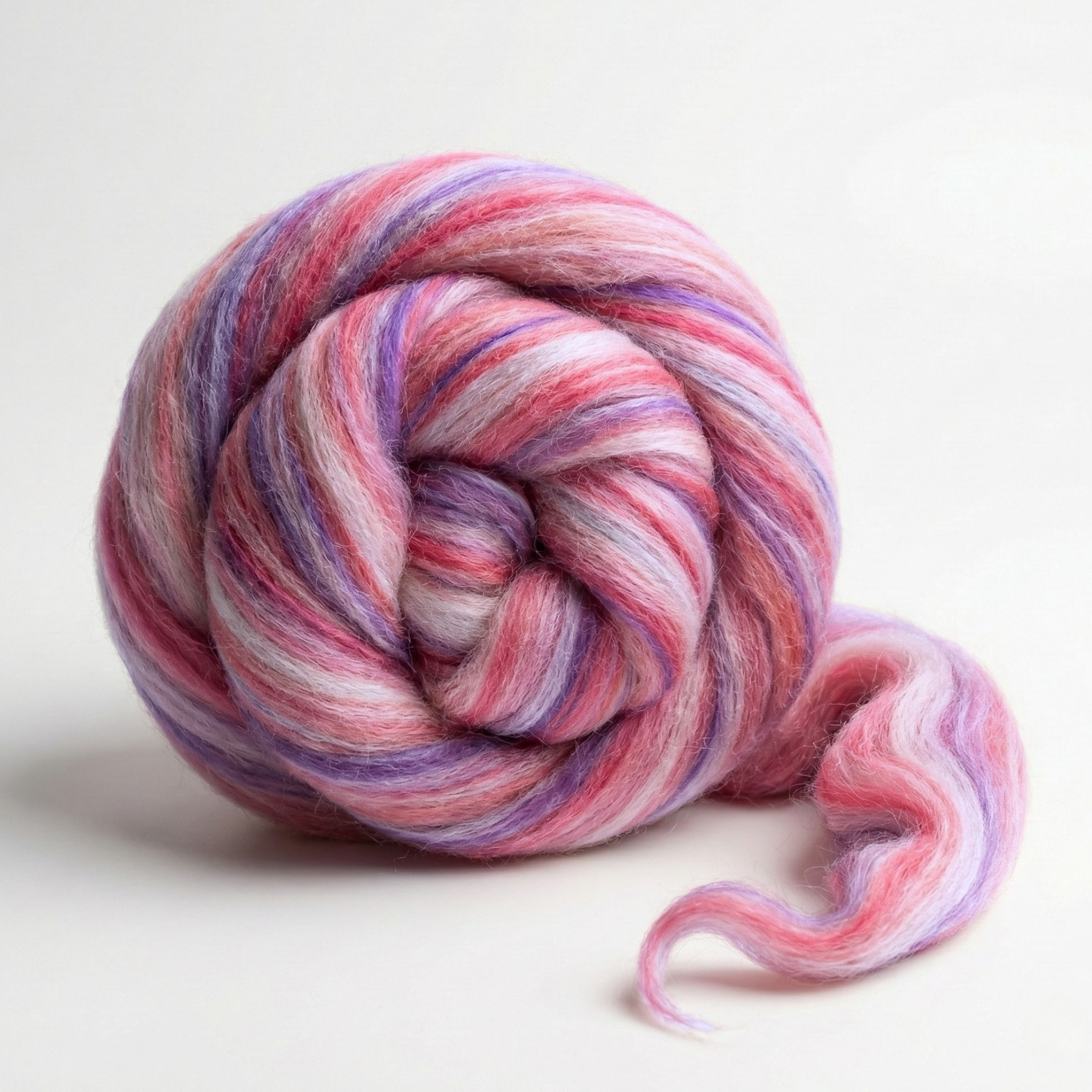 Hydra Pink Constellation Range roving, 8 oz 70% dyed merino and 30% tussah silk (21 micron), studio swirl on white background.