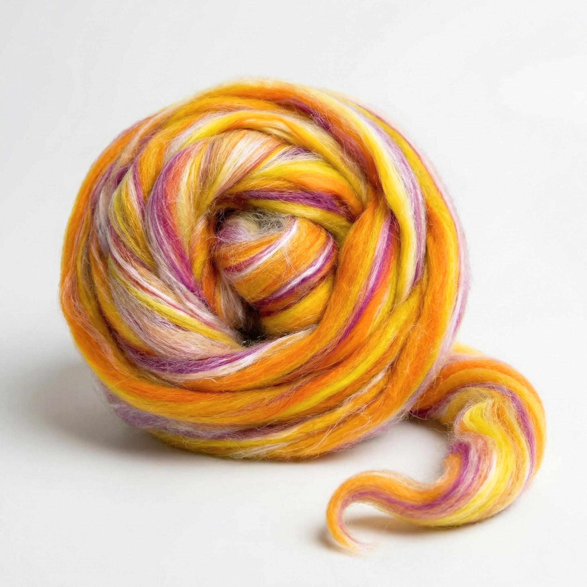 Libra Orange Constellation Range roving, 8 oz 70% dyed merino and 30% tussah silk (21 micron), studio swirl on white background.
