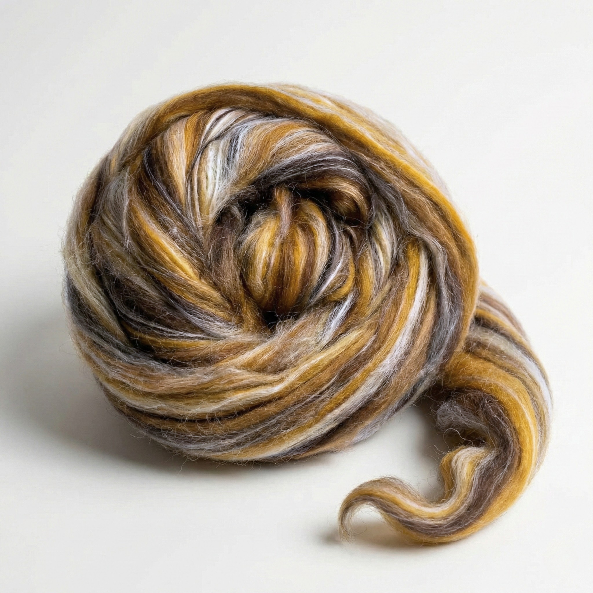 Lynx Stars Constellation Range roving, 8 oz 70% dyed merino and 30% tussah silk (21 micron), studio swirl on white background.