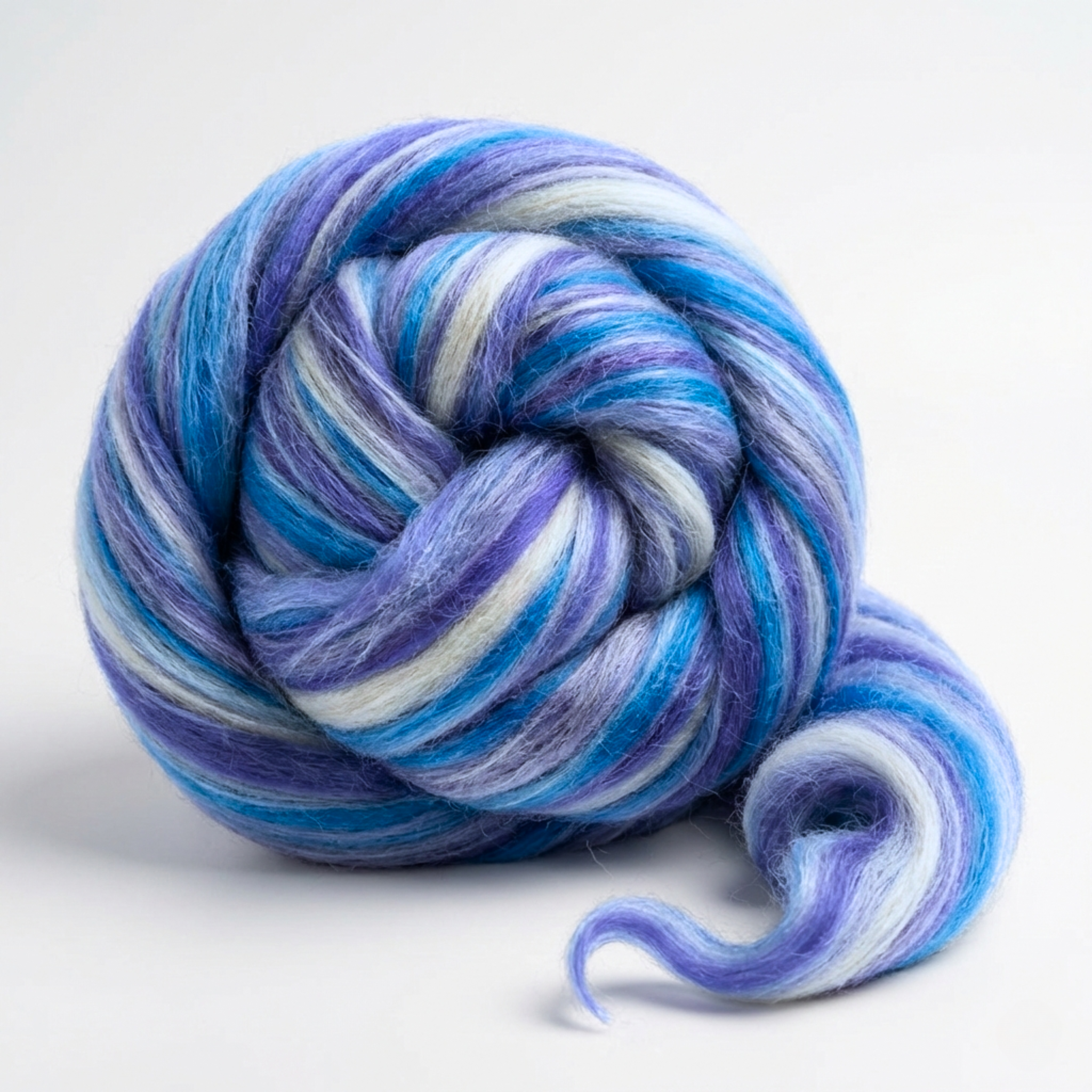 Phoenix Blue Constellation Range roving, 8 oz 70% dyed merino and 30% tussah silk (21 micron), studio swirl on white background.