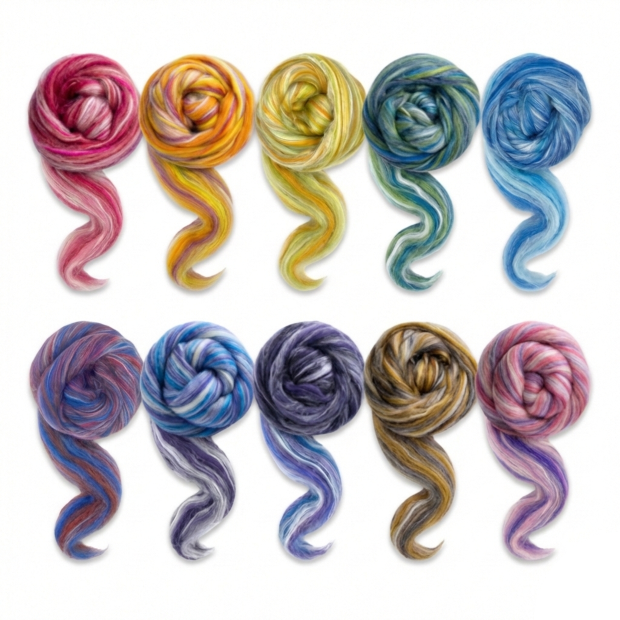 All Constellation Range roving colorways, 8 oz 70% dyed merino and 30% tussah silk (21 micron), studio lineup on white.
