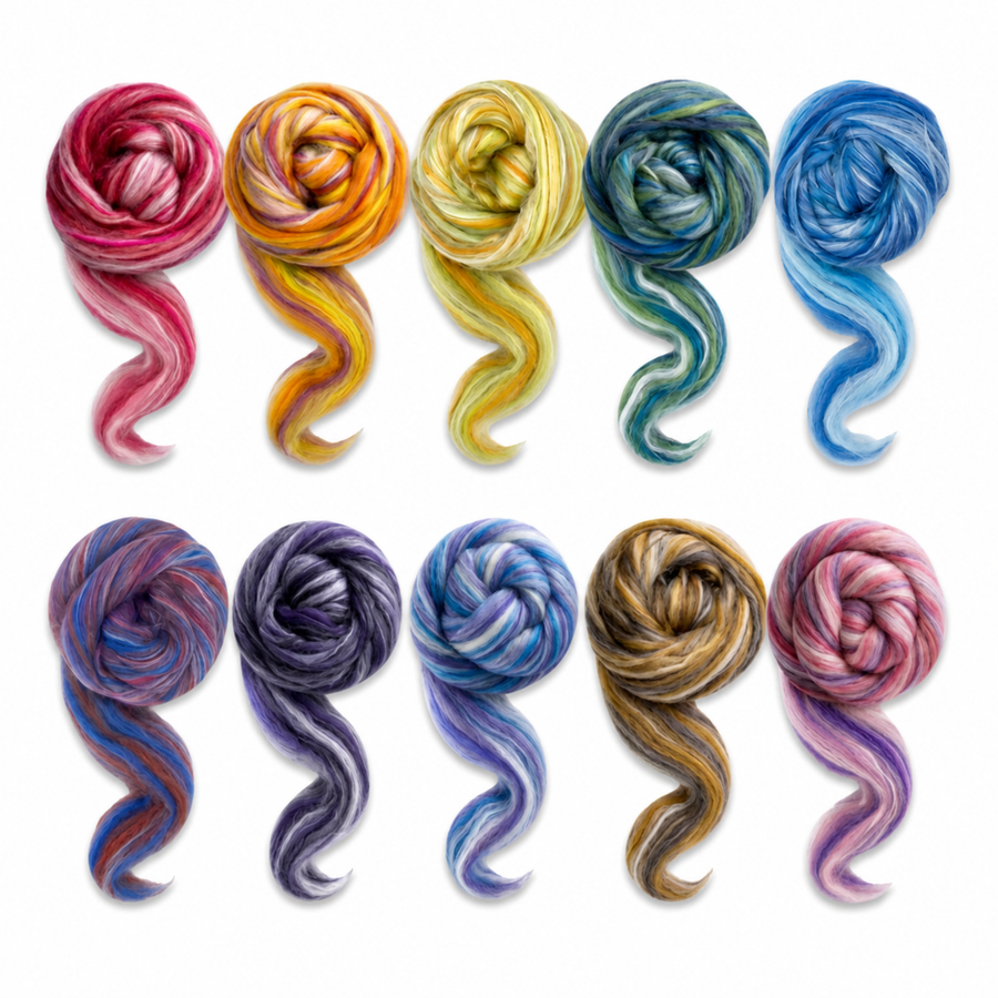 All Constellation Range roving colorways, 8 oz 70% dyed merino and 30% tussah silk (21 micron), studio lineup on white.
