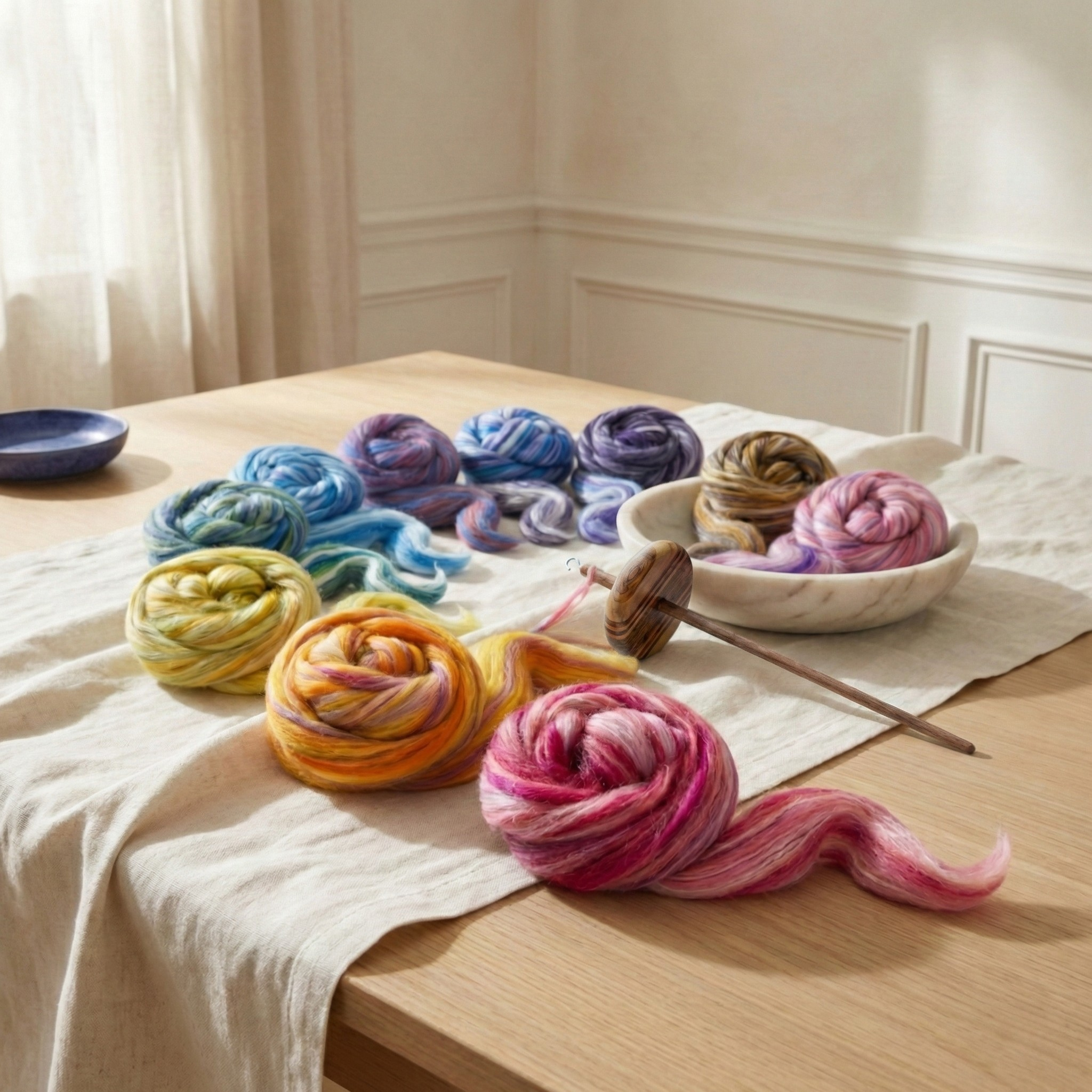 Constellation Range roving collection styled in a bright maker home with linen runner and fiber swirls showing the full color range.