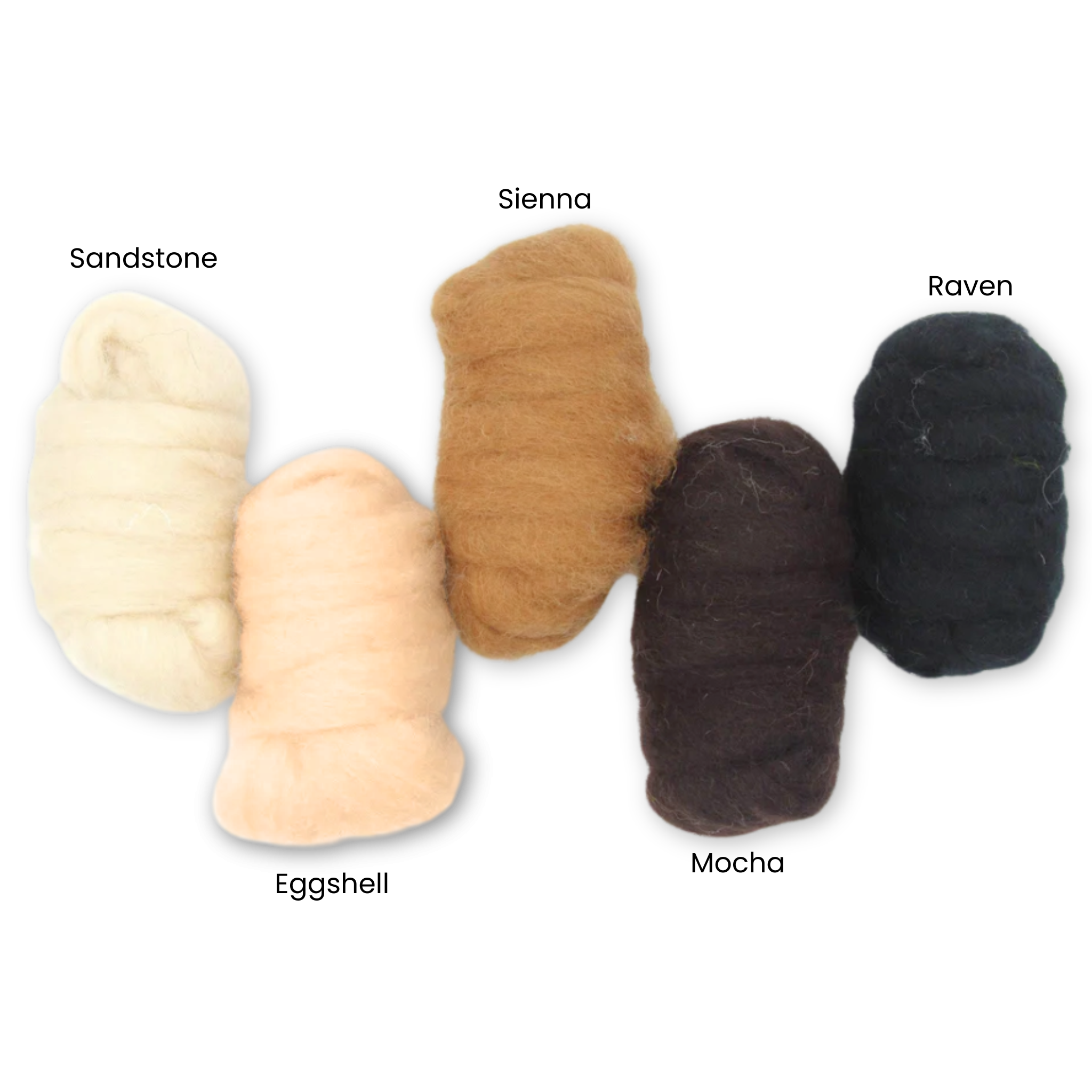 Revolution Fibers Critter Classics Carded Corriedale Wool Sliver Variety Pack – natural animal felting colors, including Sandstone, Eggshell, Sienna, Mocha, and Raven, for needle felting, spinning, and fiber art projects.