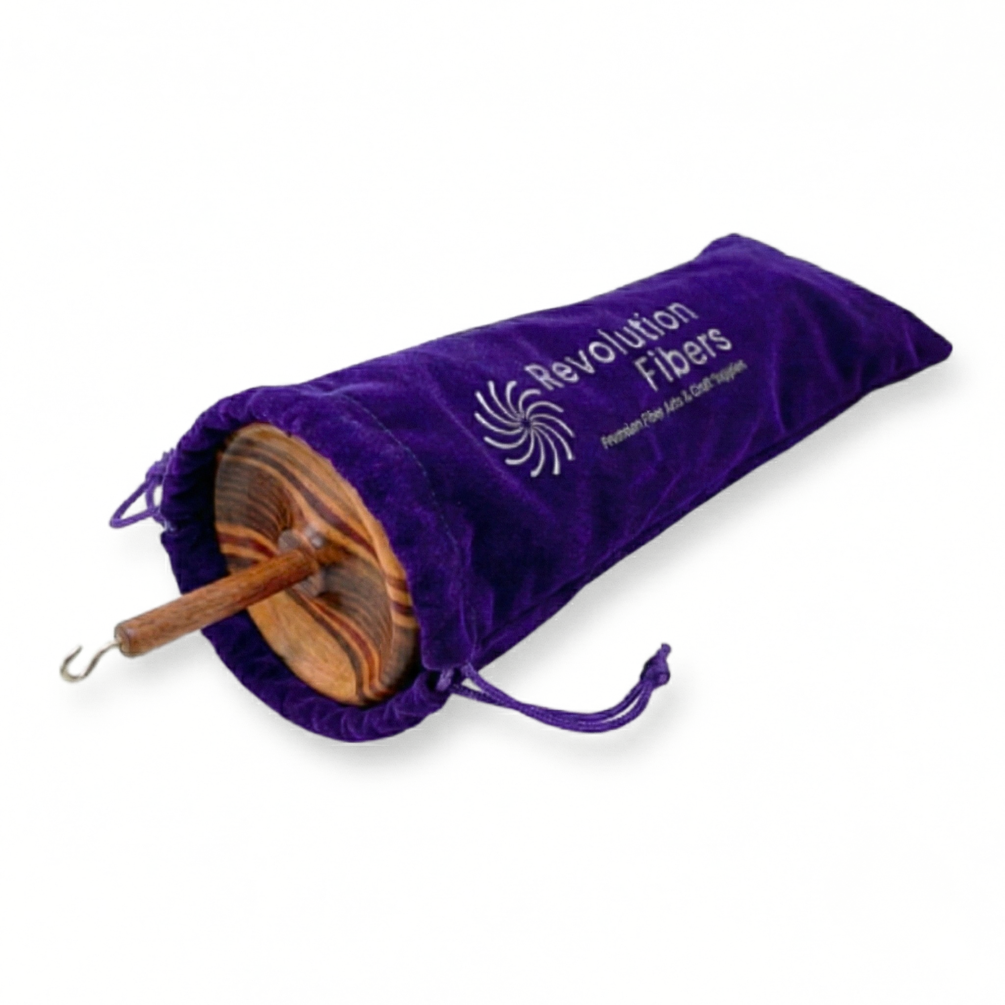 Purple Revolution Fibers velvet drawstring carrying case with the top whorl drop spindle partially inside for storage and travel, white background