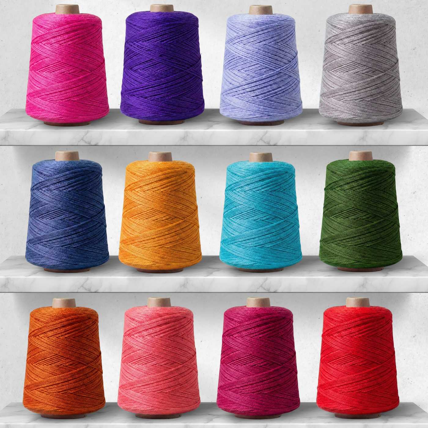 Heritage Yarn Cones featuring vibrant colors: Marigold, Hot Pink, Dove Gray, Jamaican Bay, Scarlet Red, Light Periwinkle, Evergreen, and Windmill Blue. Perfect for weaving, knitting, and crocheting, these 1 lb. Superwash Merino and Nylon fingering-weight yarn cones offer stunning versatility and exceptional quality for creative projects.