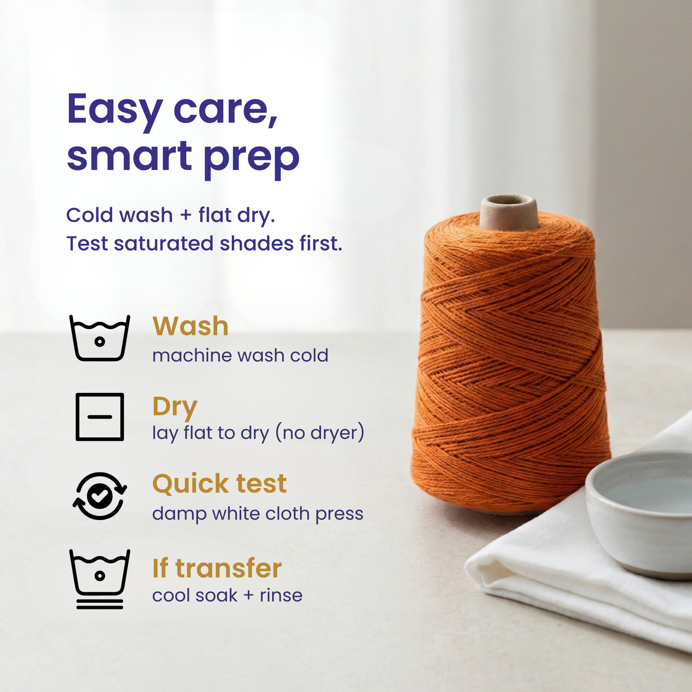 Care infographic for Heritage cone yarn: machine wash cold, lay flat to dry, and a quick color-transfer test for saturated shades.