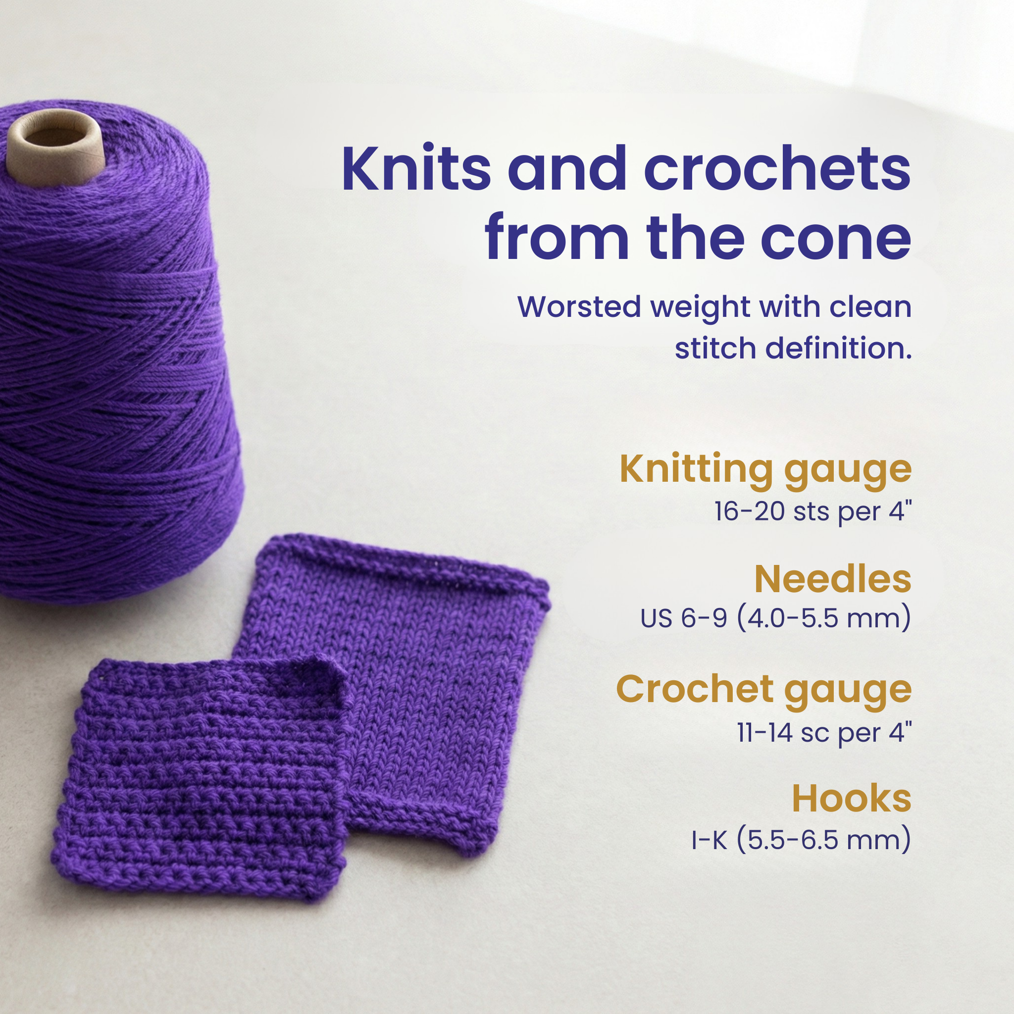 Infographic with knitting and crochet gauge plus recommended needle and hook sizes for Heritage worsted merino/nylon cone yarn.