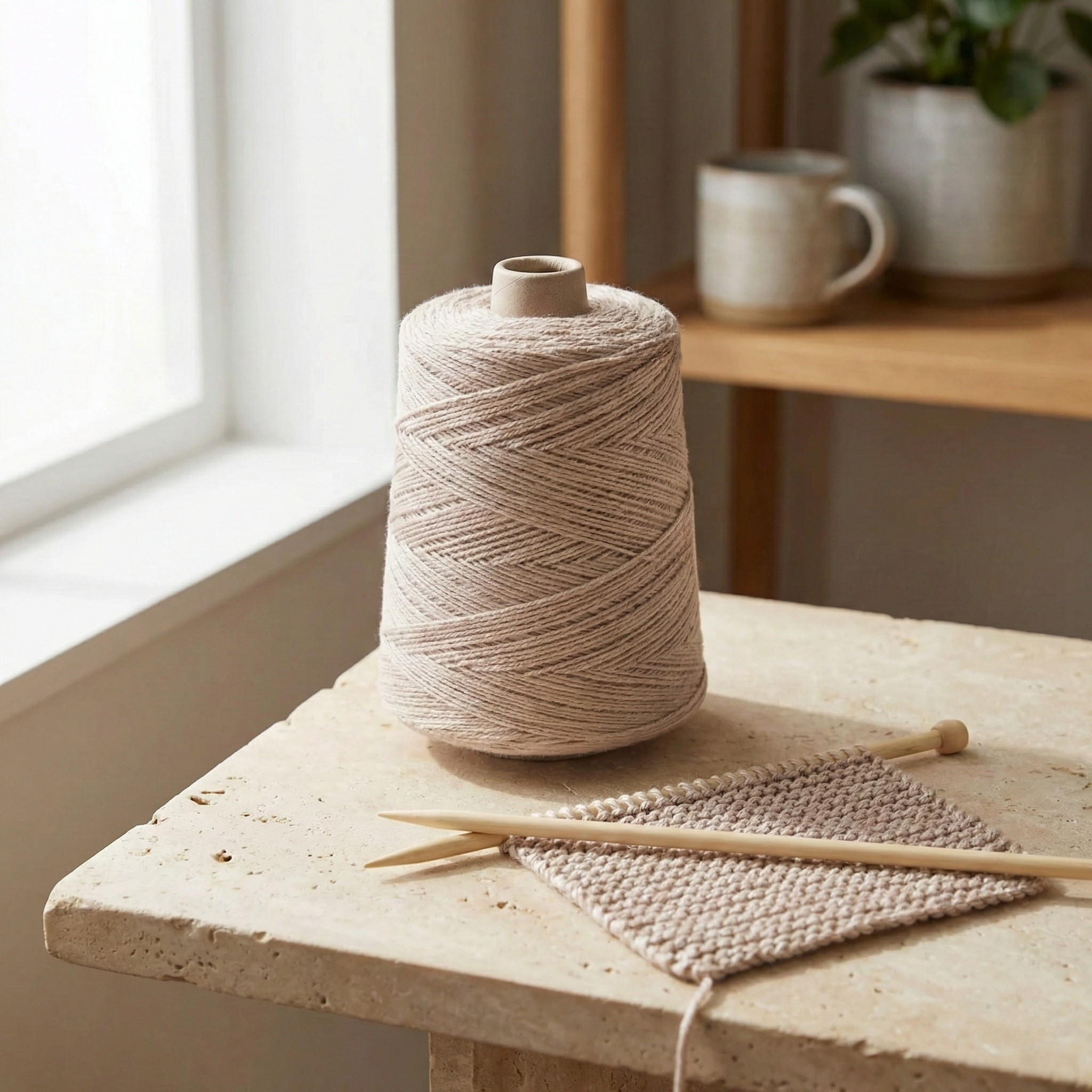 Lifestyle scene of a Heritage worsted cone yarn with knitting tools and a swatch on a neutral surface in bright windowlight.