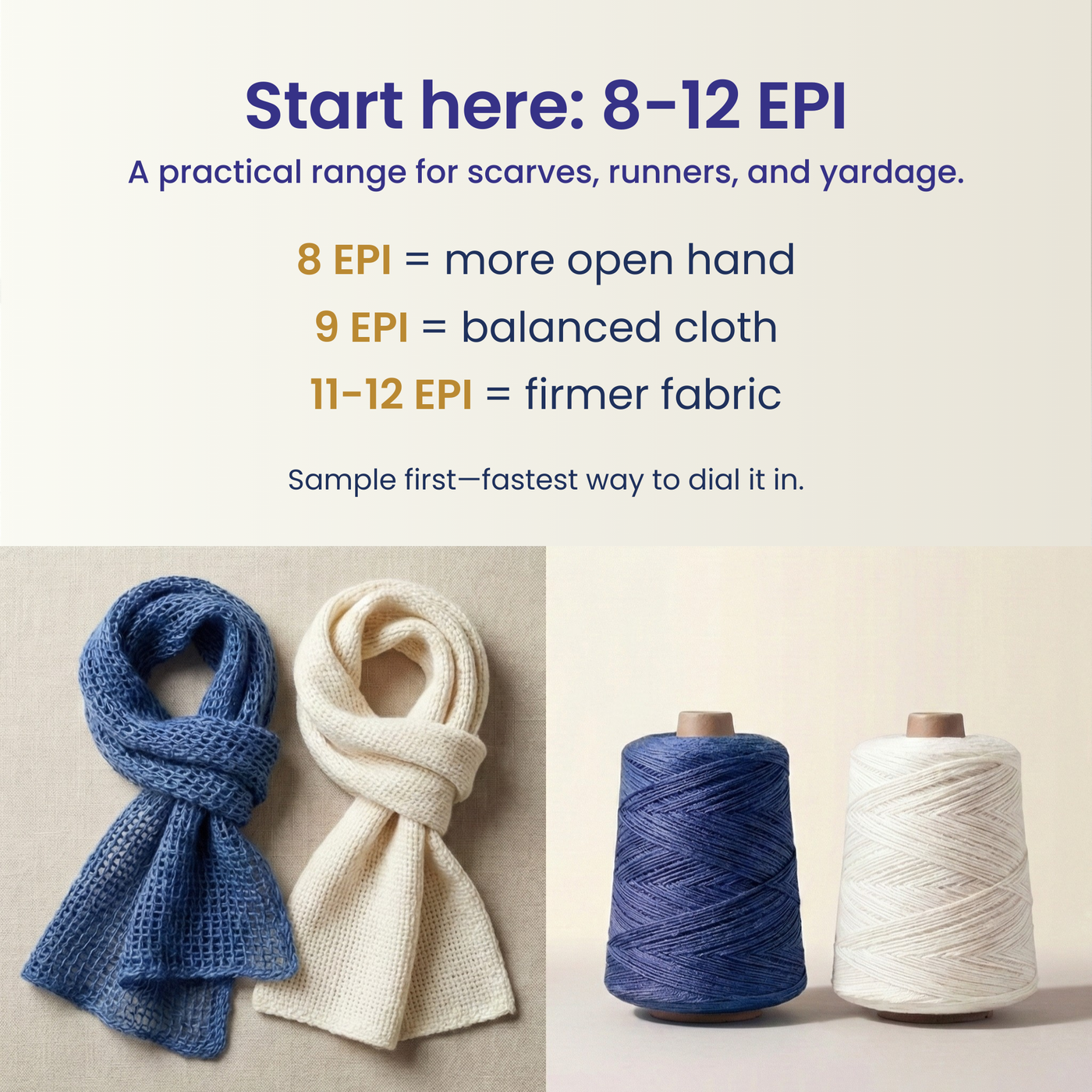Infographic showing recommended weaving sett 8–12 EPI for Heritage worsted weaving cone yarn with sampling guidance.