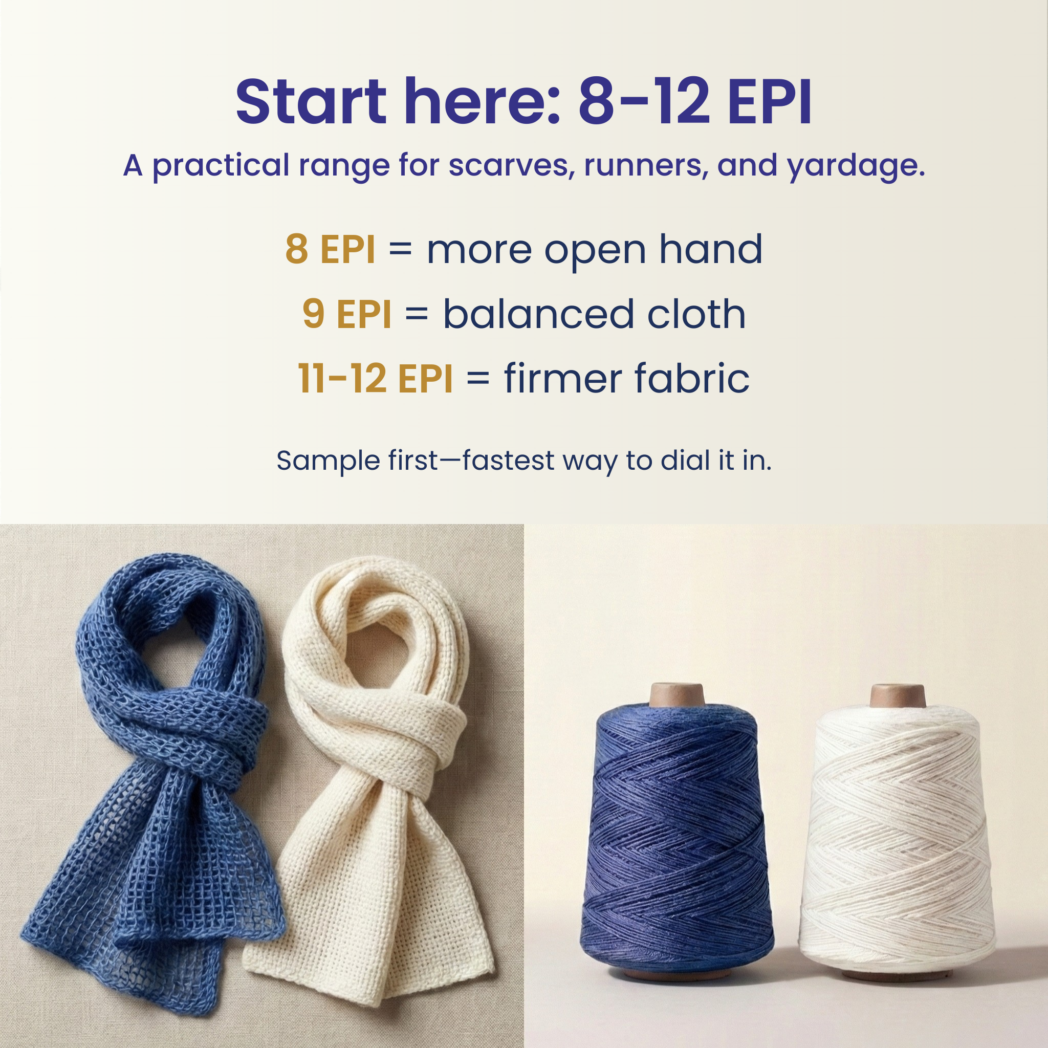 Infographic showing recommended weaving sett 8–12 EPI for Heritage worsted weaving cone yarn with sampling guidance.