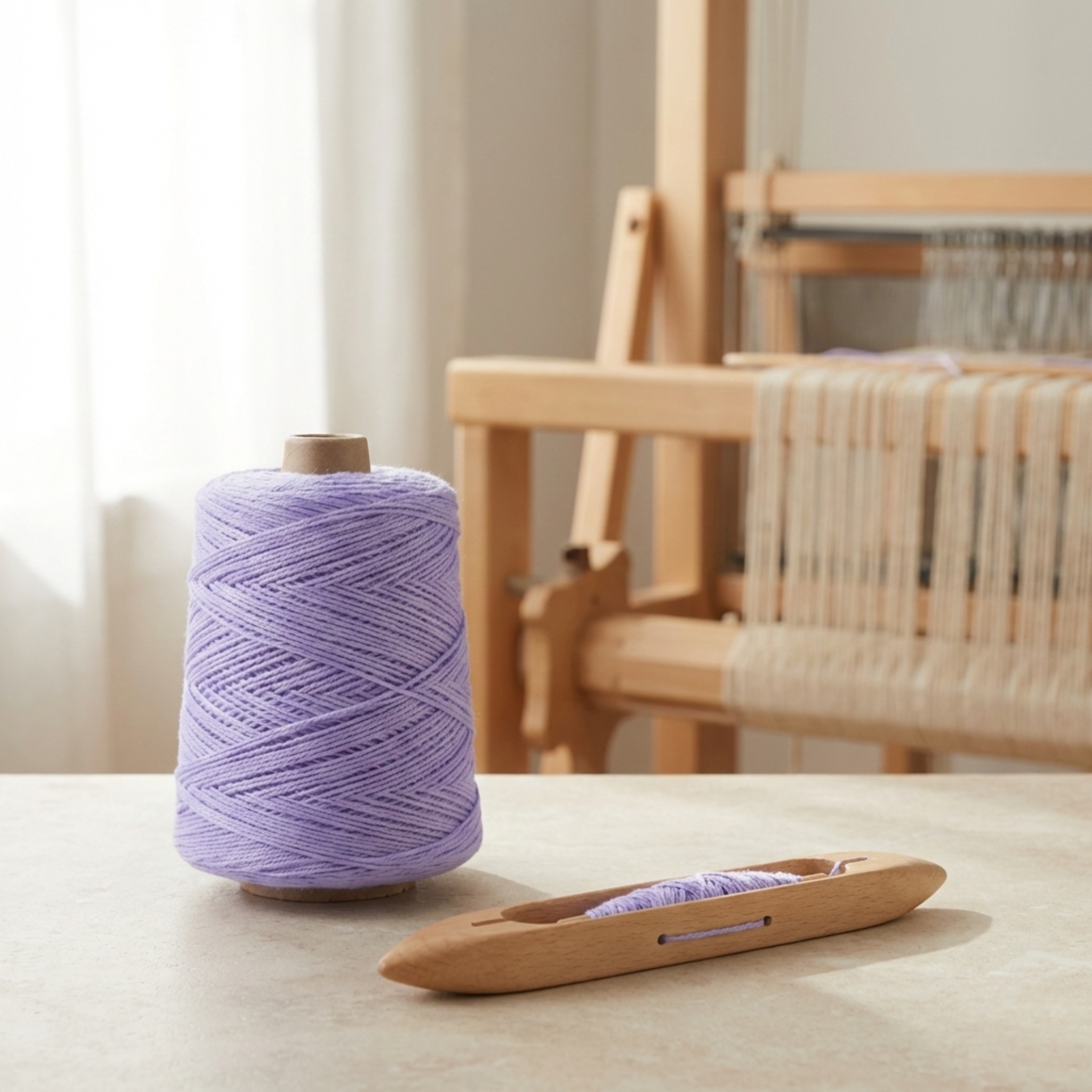 Lifestyle scene of Heritage worsted weaving cone yarn near a loom and shuttle, showing warp-or-weft use in a bright studio setting.