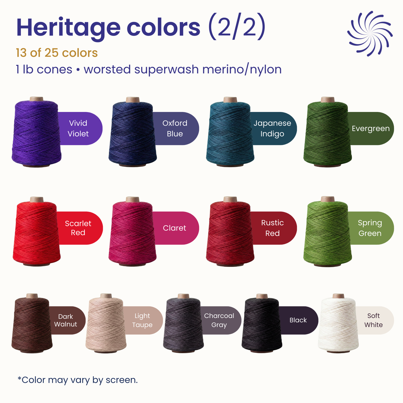 Heritage yarn cones color guide (2/2) with labeled cone colors for the 1 lb worsted superwash merino/nylon weaving cone line.