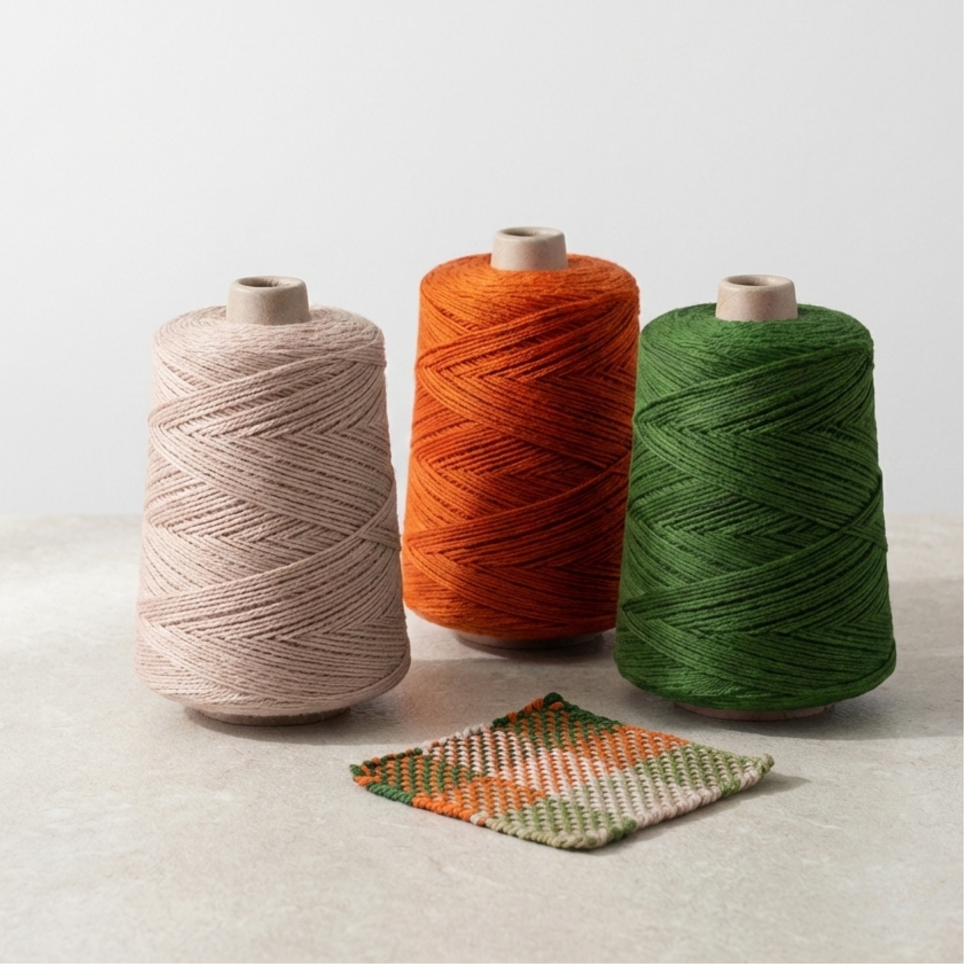 Lifestyle photo of three Heritage 1 lb worsted yarn cones grouped for color planning with a small woven swatch in soft daylight.
