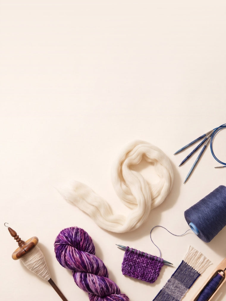 Drop spindle, undyed wool fiber, knitting needles, purple yarn, indigo yarn cone, weaving shuttle, and a knit and woven swatch on a warm cream background.