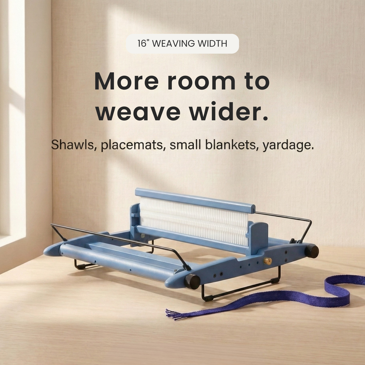 Kromski Presto Harbor Blue 2026 16-inch rigid heddle loom; more room to weave shawls, placemats, and small blankets.