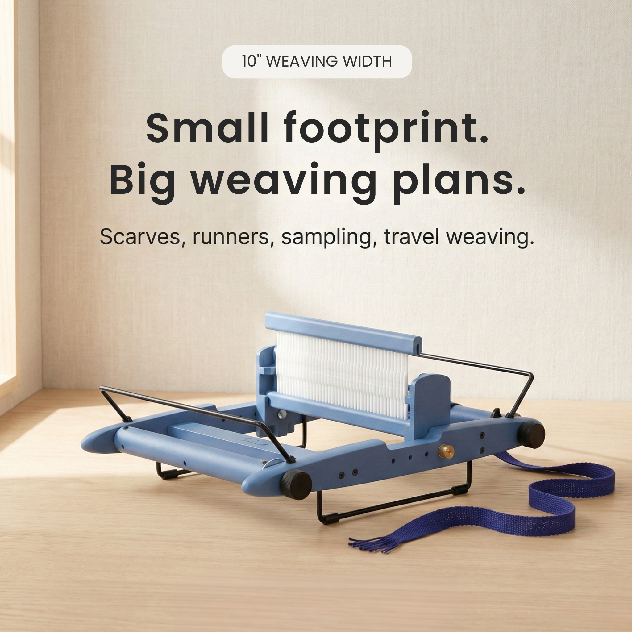 Kromski Presto Harbor Blue 2026 10-inch rigid heddle loom on light wood table with indigo woven strap; made for travel weaving.