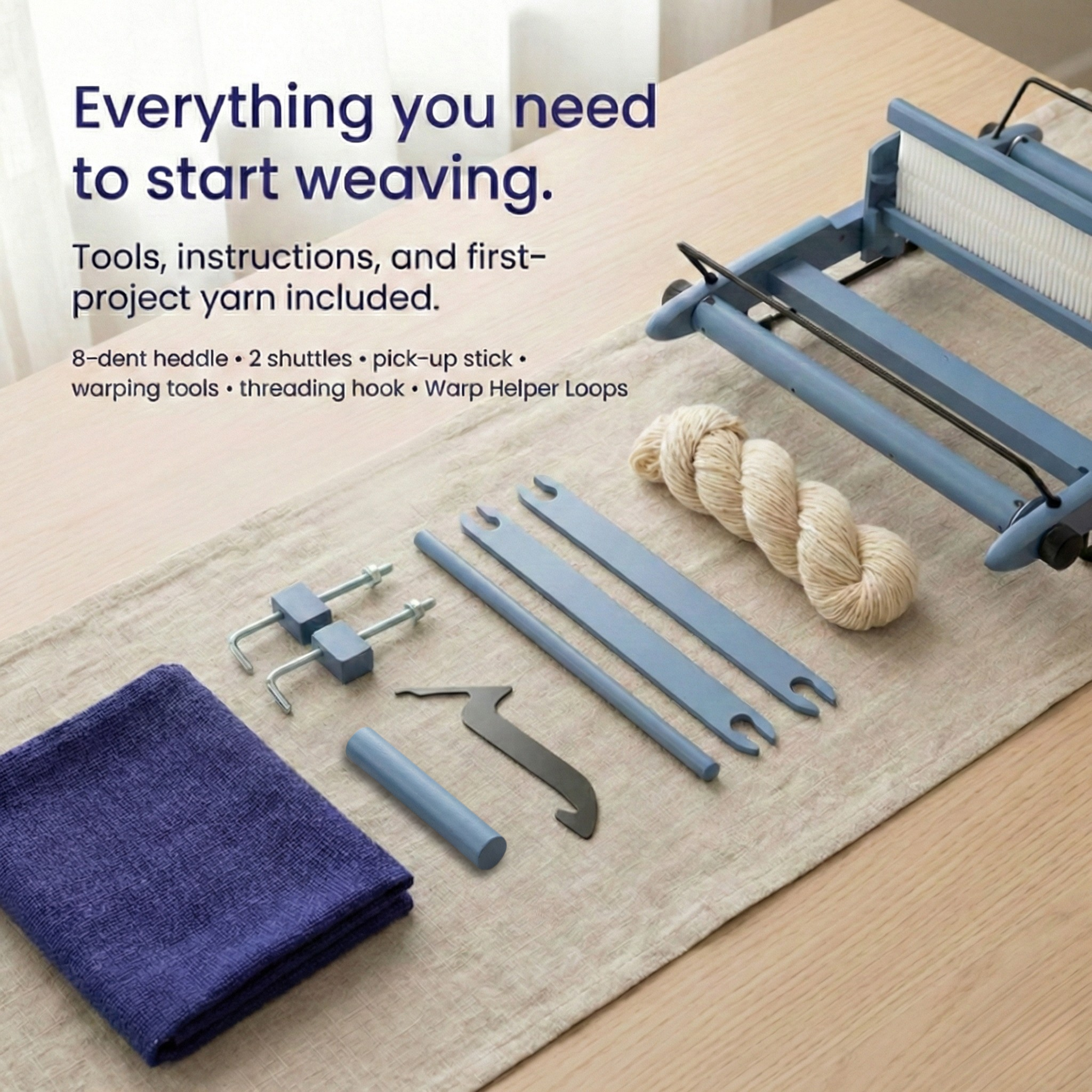 Kromski Presto Harbor Blue 2026 kit contents laid out: 2 shuttles, pick-up stick, warping peg + clamps, threading hook, and DK yarn.