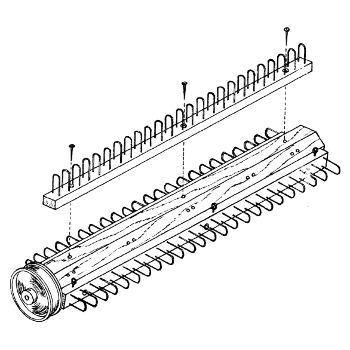Diagram showing sectional rake assembly and screws on Leclerc warp beam.