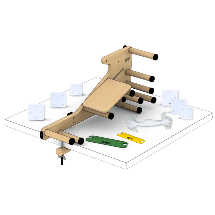 Lojan 3-in-1 Inkle Loom Complete Package by Revolution Fibers, shown with tablet weaving board, weaving cards, green and yellow belt shuttles, and Texsolv heddles – ideal for band weaving, card weaving, and beginner to advanced weaving projects.