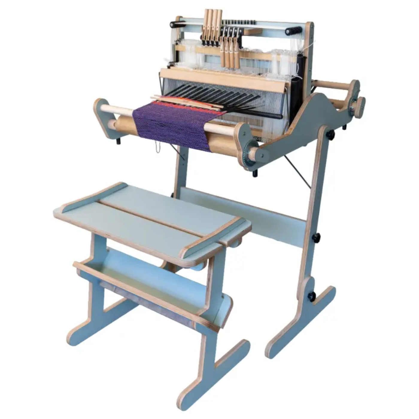 Revolution Fibers Louet Harmony Table Loom Complete Set in Terracotta with 8-shaft loom, matching floor stand, weaving bench, and floating beater.