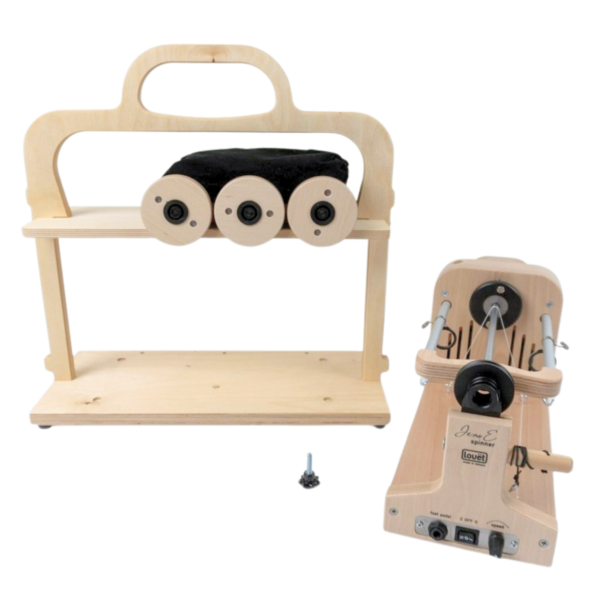 Louet Jenn E e-spinner displayed with its matching Lazy Kate stand and three spare bobbins for convenient plying.