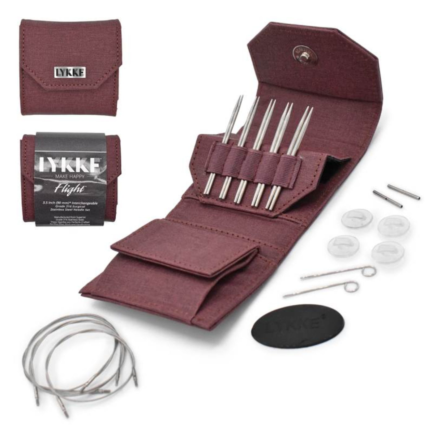 Revolution Fibers Lykke Flight 3.5" Mini interchangeable stainless steel knitting needle set with maroon case, short tips, mini cords and accessories arranged for small-circumference projects on a white background.