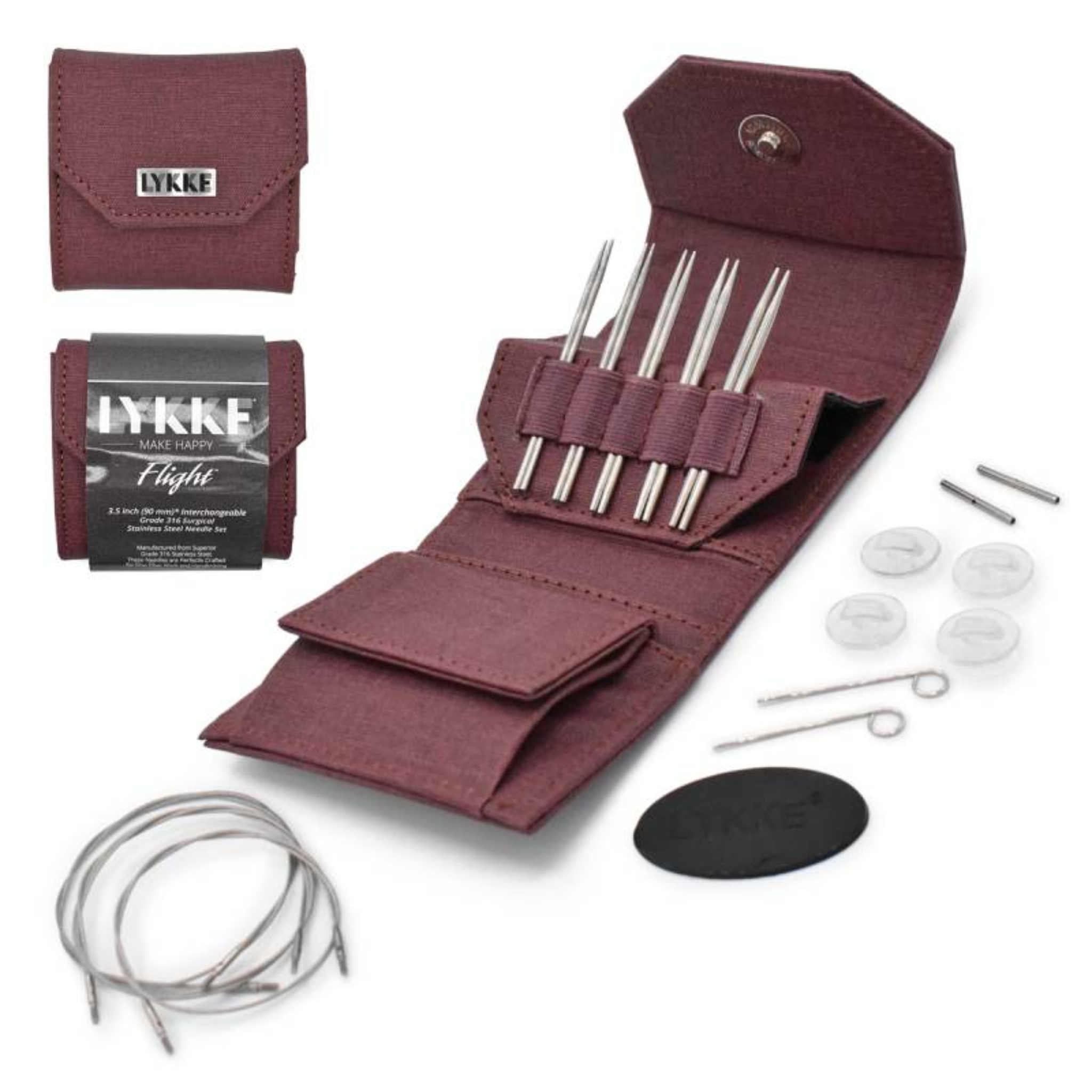 Revolution Fibers Lykke Flight 3.5" Mini interchangeable stainless steel knitting needle set with maroon case, short tips, mini cords and accessories arranged for small-circumference projects on a white background.