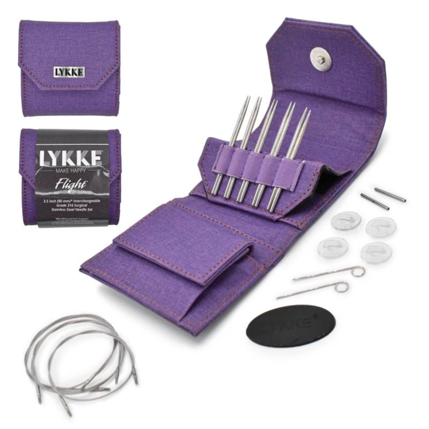 Revolution Fibers Lykke Flight 3.5" Mini interchangeable stainless steel knitting needle set in purple case, open to show short tips, mini cables and notions for hats, sleeves and baby knits on a white background.
