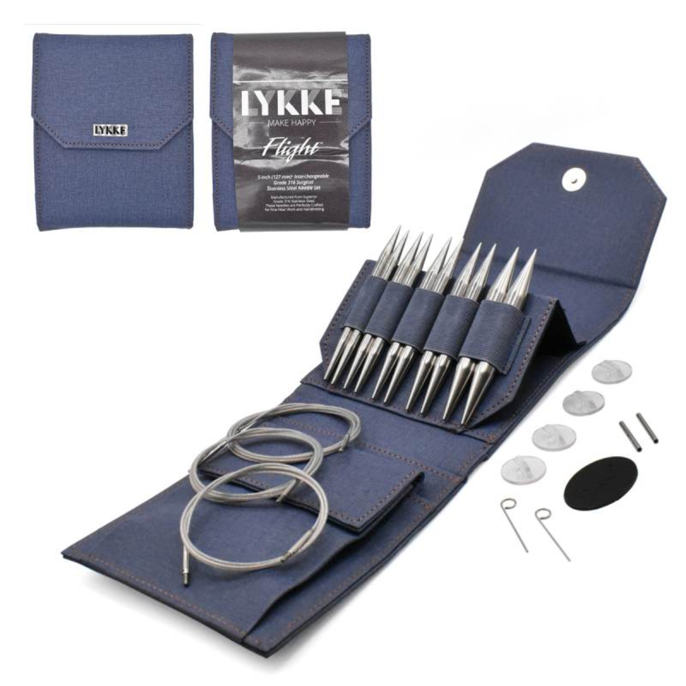 Revolution Fibers Lykke Flight 5" Bulky interchangeable knitting needle set in denim faux canvas case, open to display large stainless steel tips, long swivel cords and notions for chunky blanket and sweater projects on a white background.