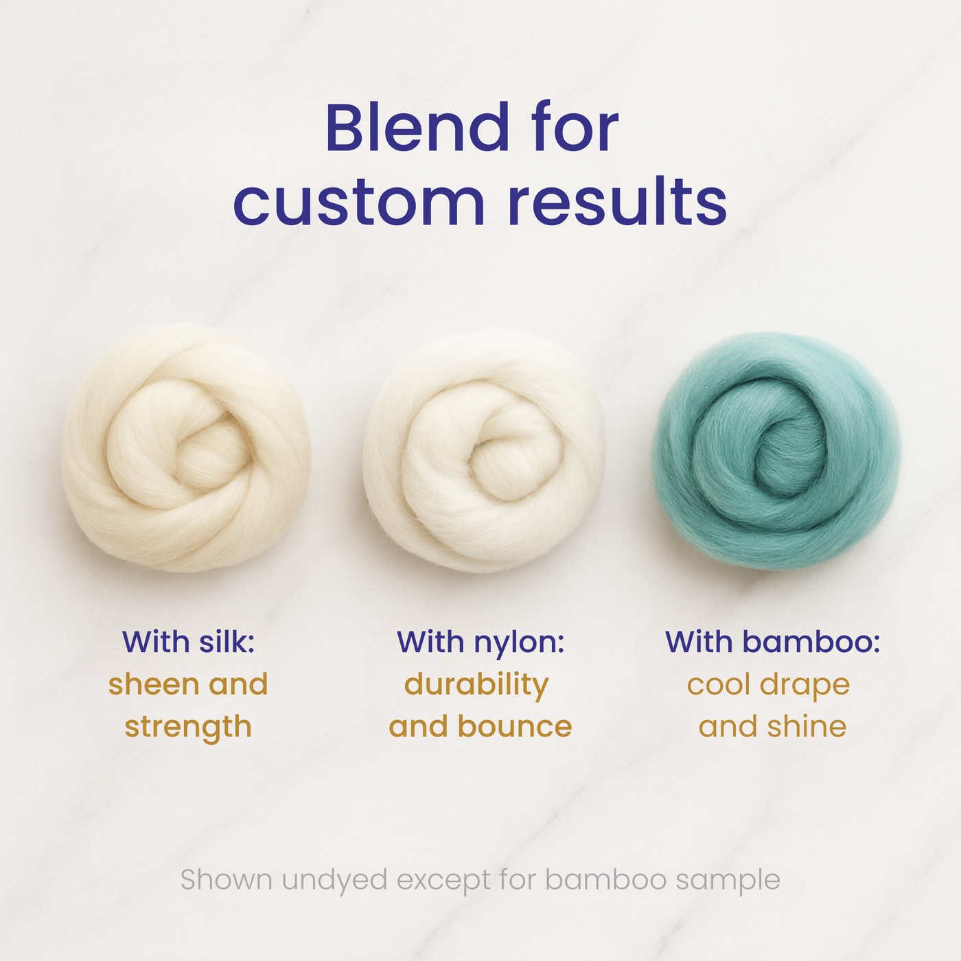 Blend ideas for Merino combed top with silk for sheen and strength, nylon for durability and bounce, and bamboo for cool drape and shine; samples on marble.