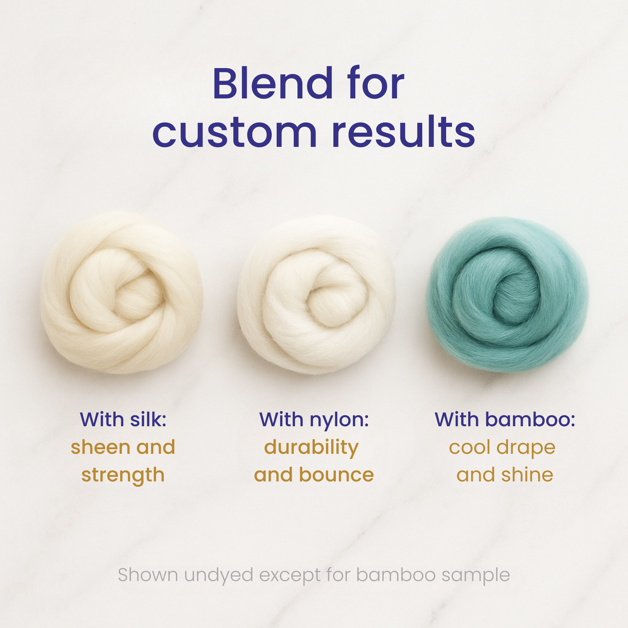 Blend ideas for Merino combed top with silk for sheen and strength, nylon for durability and bounce, and bamboo for cool drape and shine; samples on marble.