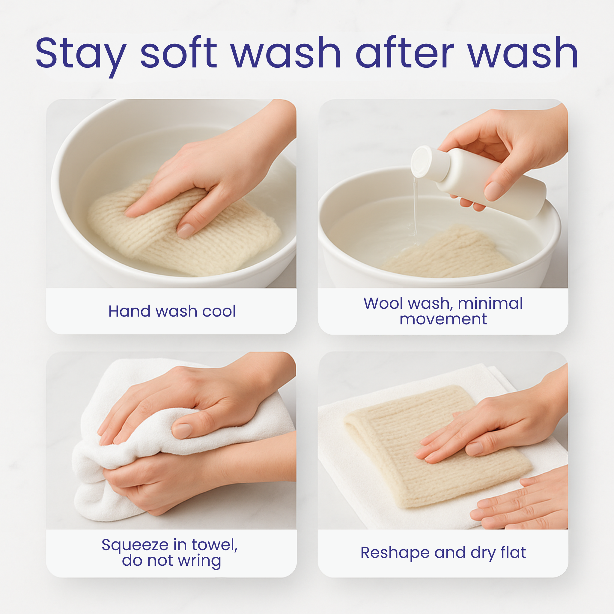 Care guide for Merino fiber and handmade items: hand wash cool with wool wash, minimal movement, squeeze in a towel without wringing, reshape and dry flat.