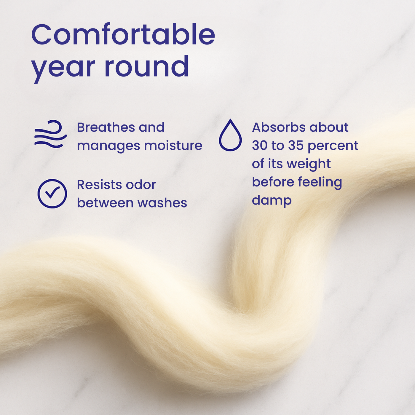 Merino comfort properties infographic highlighting breathability, moisture management, odor resistance, and absorption of about 30 to 35 percent before feeling damp.