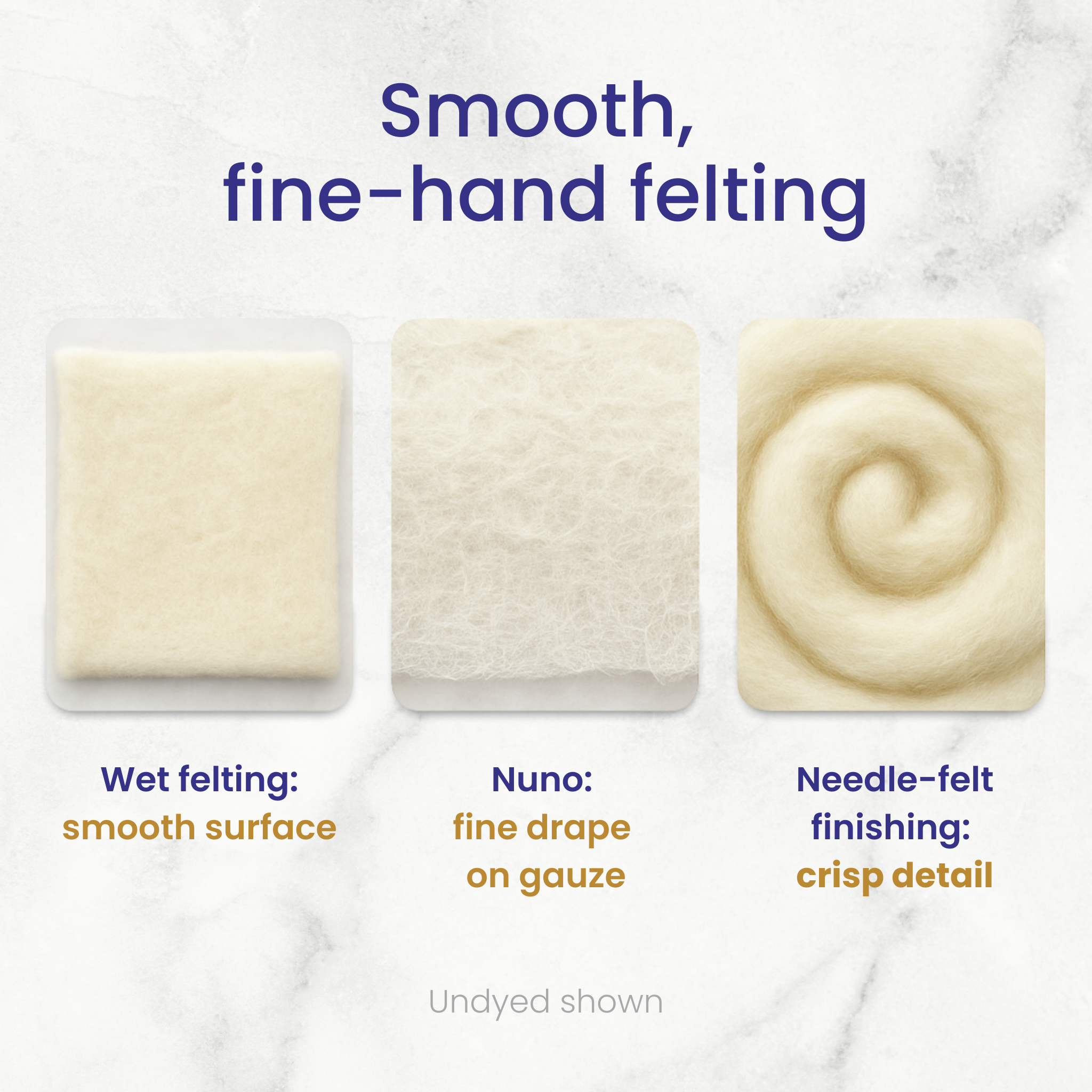Felting examples using superfine Merino showing smooth wet felt, fine nuno drape on gauze, and crisp needle-felt finishing; undyed shown.