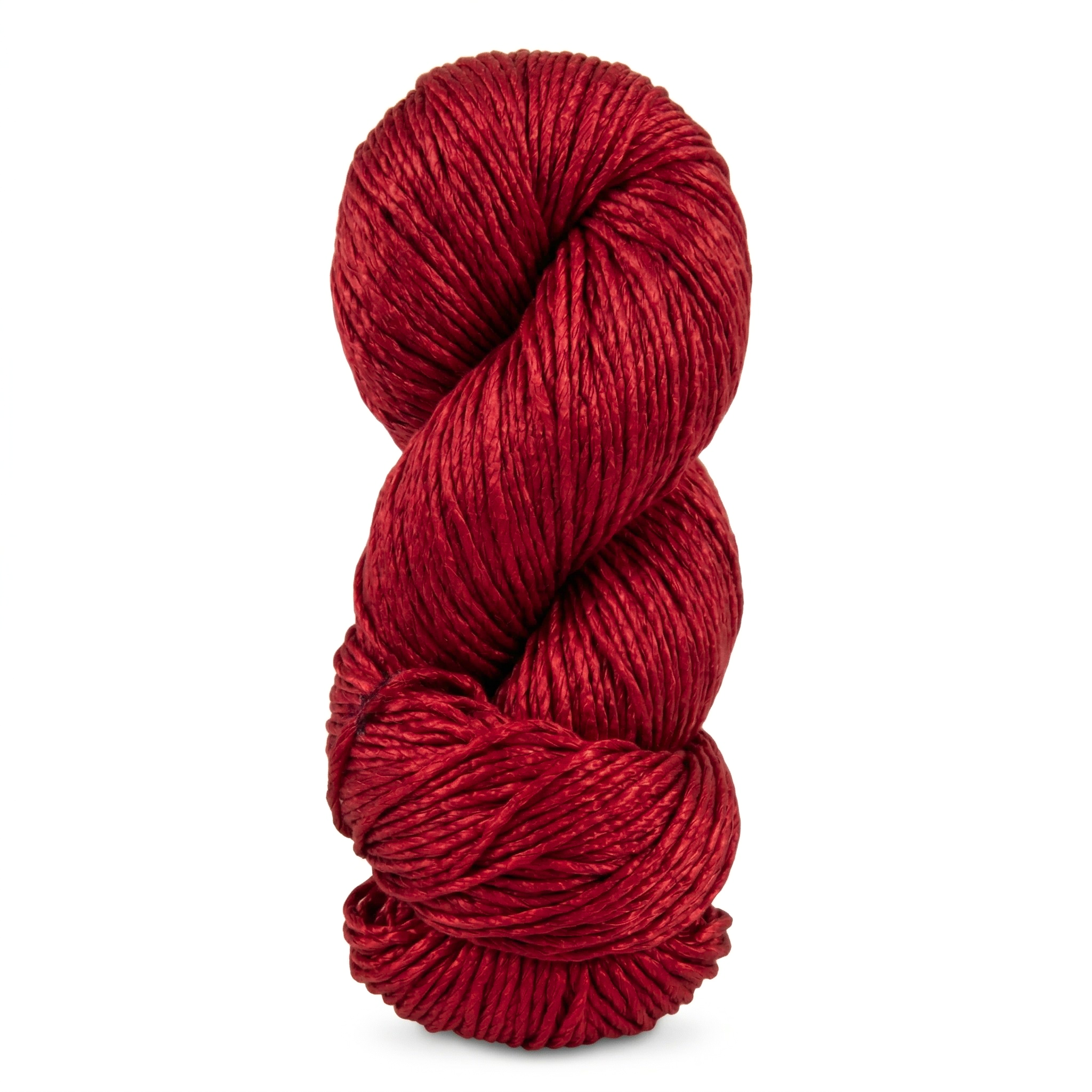 Revolution Fibers Regal Mulberry Silk Yarn in Crimson Red, shown as a rich red worsted weight silk skein with smooth texture and elegant luster.